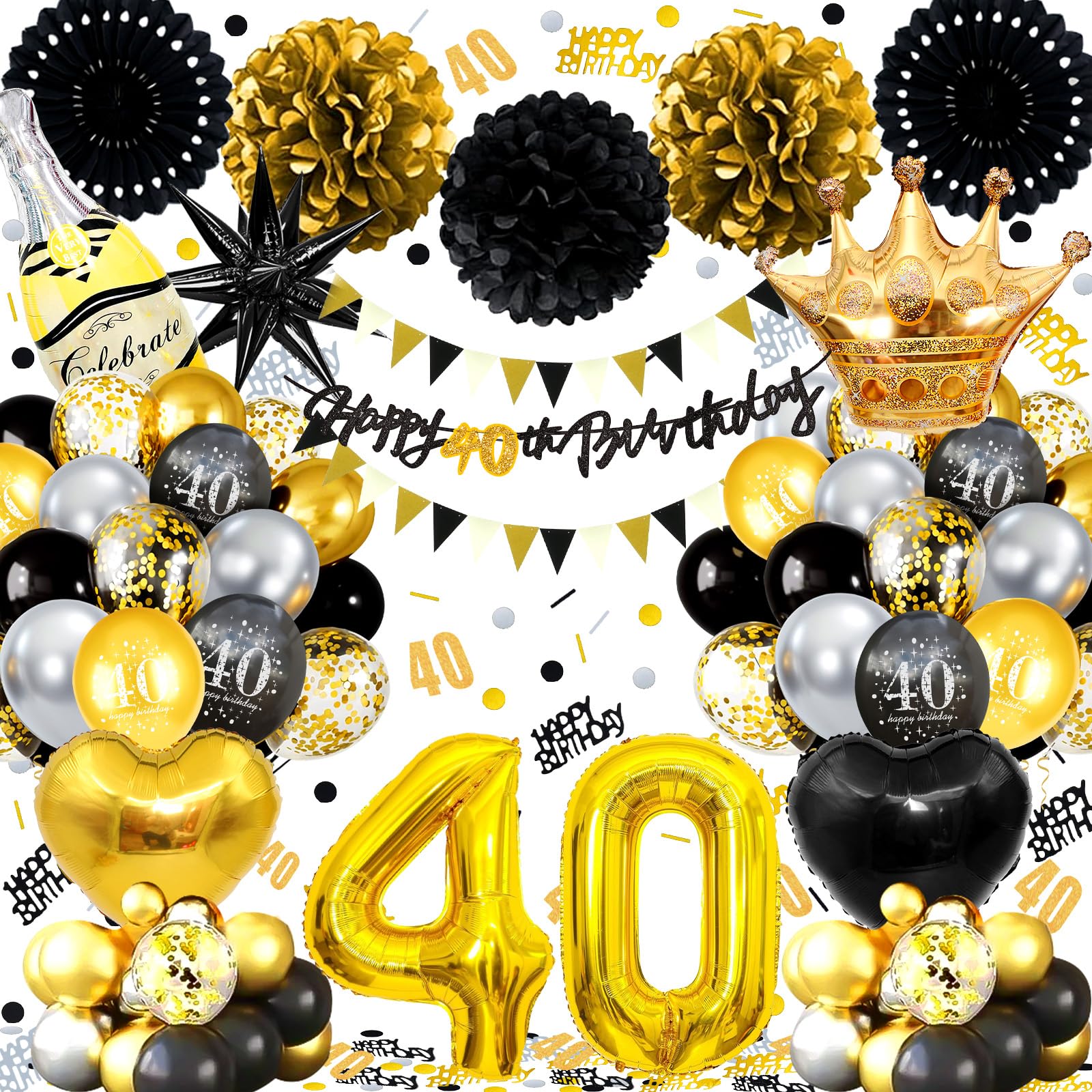 40th Birthday Balloons Black Gold, Banner, Triangle Flag, 40th Birthday Decorations, Black Gold Party Decorations Set, Latex, Heart, Crown And Numbers Balloons, Confetti, Paper Pom Poms, Ribbon