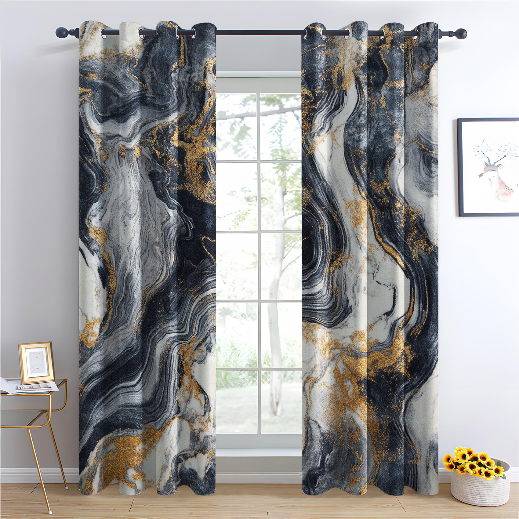Luxfieo Marble Blackout Curtains for Living Room Bedroom - 90 Inch Drop Curtains 46x90, Blue White Gold Modern Luxury Patterned Window Treatments, Thermal Eyelet Drapes 2 Panels U#23