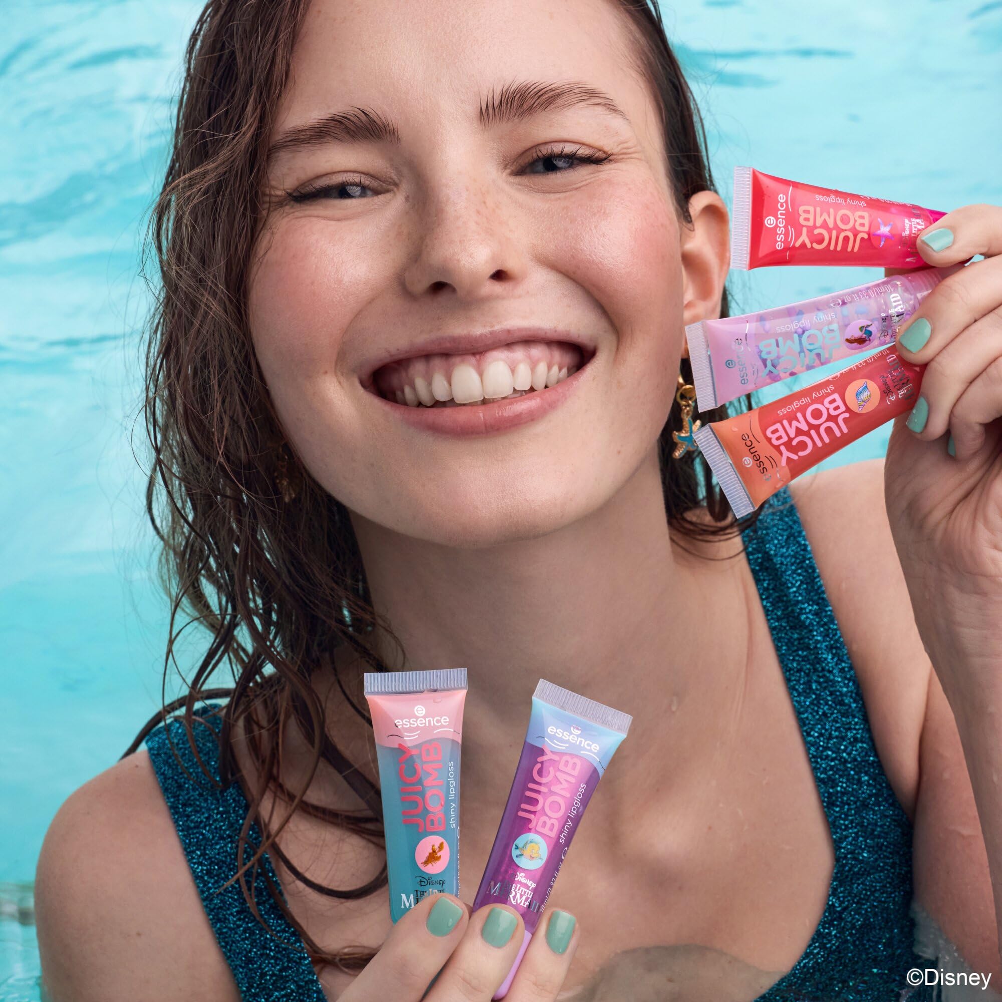 essence Disney THE LITTLE MERMAID JUICY BOMB shiny lipgloss crew, Mehrfarbig, Expressergebnis, glänzend, schimmernd, vegan, ohne Parabene, ohne Mikroplastikpartikel, Nanopartikel frei, 1er Pack (10ml) - 4