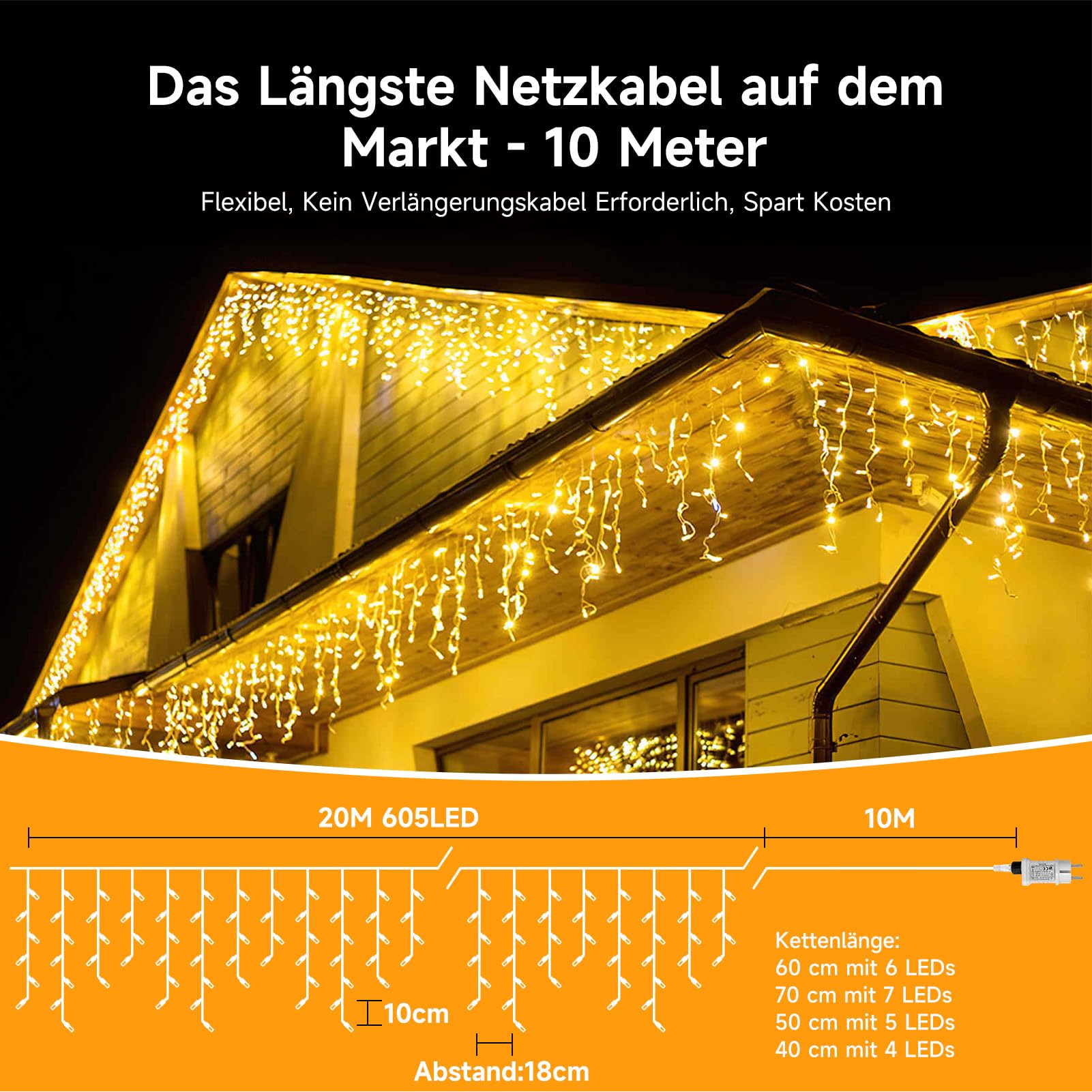 WOWDSGN LED Eisregen Lichterkette Außen, 20M 605LED Lichterkette Außen Weihnachten mit Timer,8 Modi IP44 Wasserdicht, Lichtervorhang Aussen für Weihnachtsdeko Aussen Innen Balkon Party Traufe Warmweiß