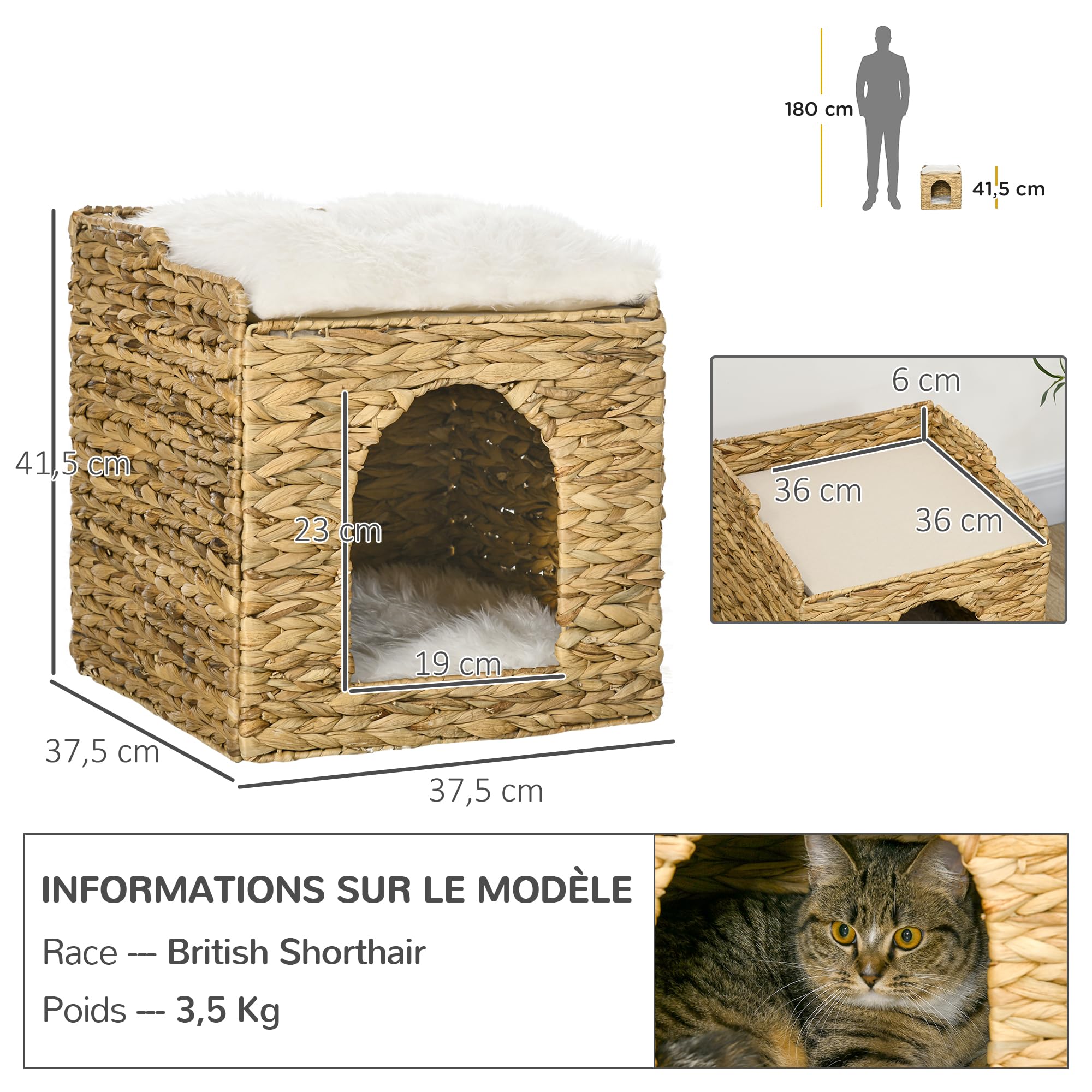 PawHut Maison à Chat Niche pour Chat à 2 Niveaux avec 2 Coussins en Jacinthe d'eau - 37,5 x 37,5 x 41,5 cm Marron, crème
