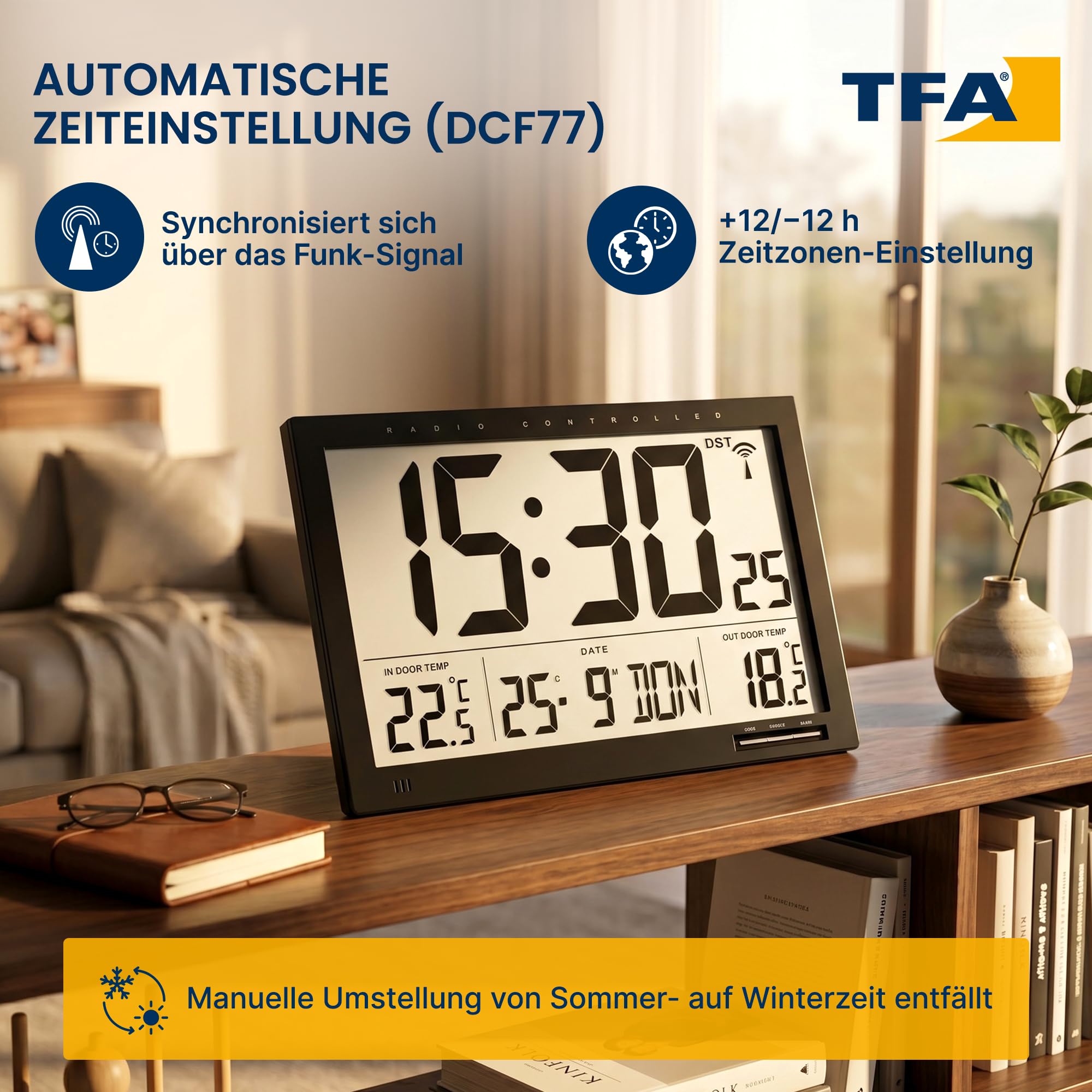 TFA Dostmann Digitale XL-Funkuhr, mit Außen-und Innentemperatur, Wanduhr, gut ablesbar, schwarz, 60.4510, L 370 x B 29 (90) x H 230 mm, 60.4510.01