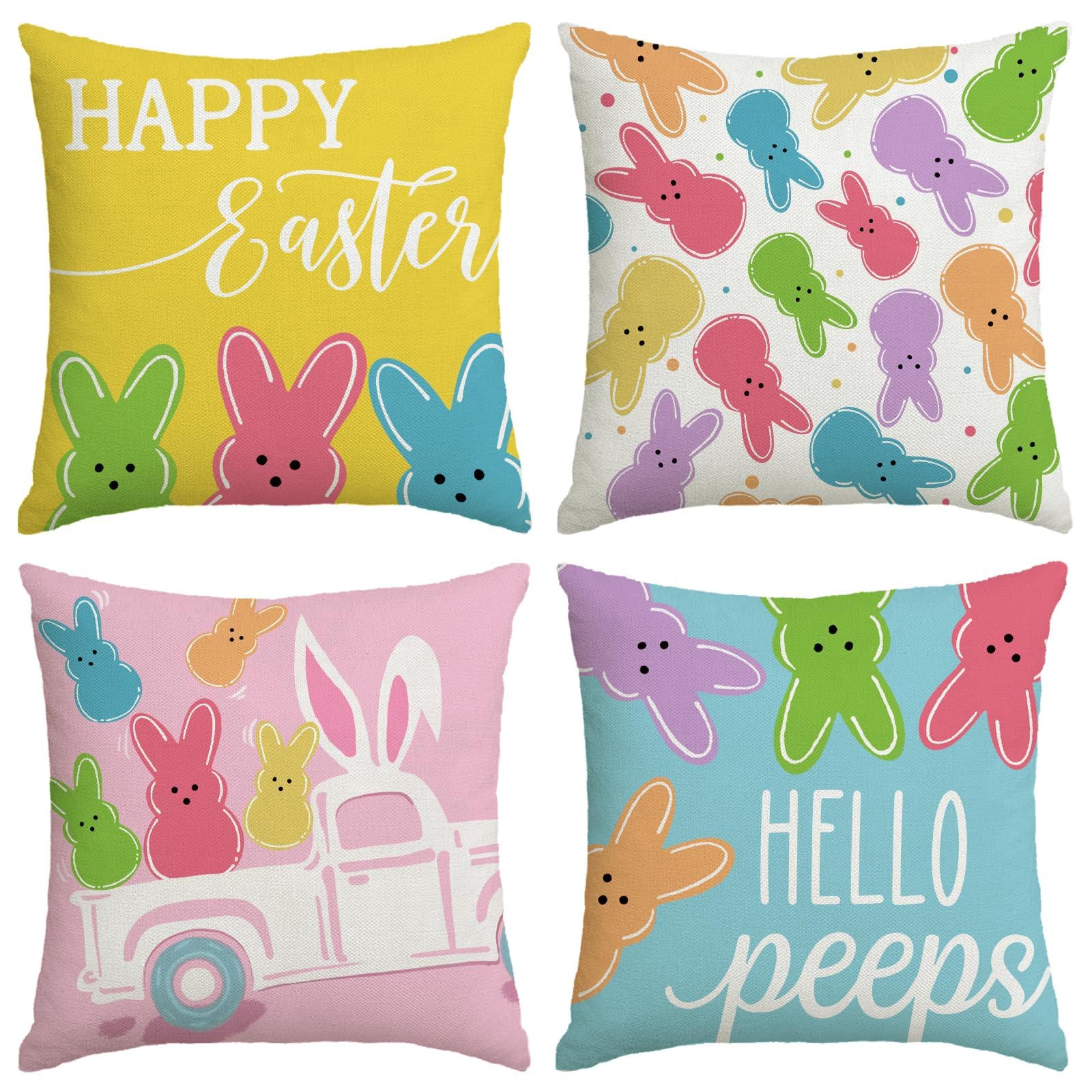 Easter Decorations for Home, Easter Pillow Covers 16x16 Inch, Set of 4 Happy Easter Hello Peeps Bunny Truck Pink Blue Yellow Decorative Throw Pillow Cover Farmhouse Decor
