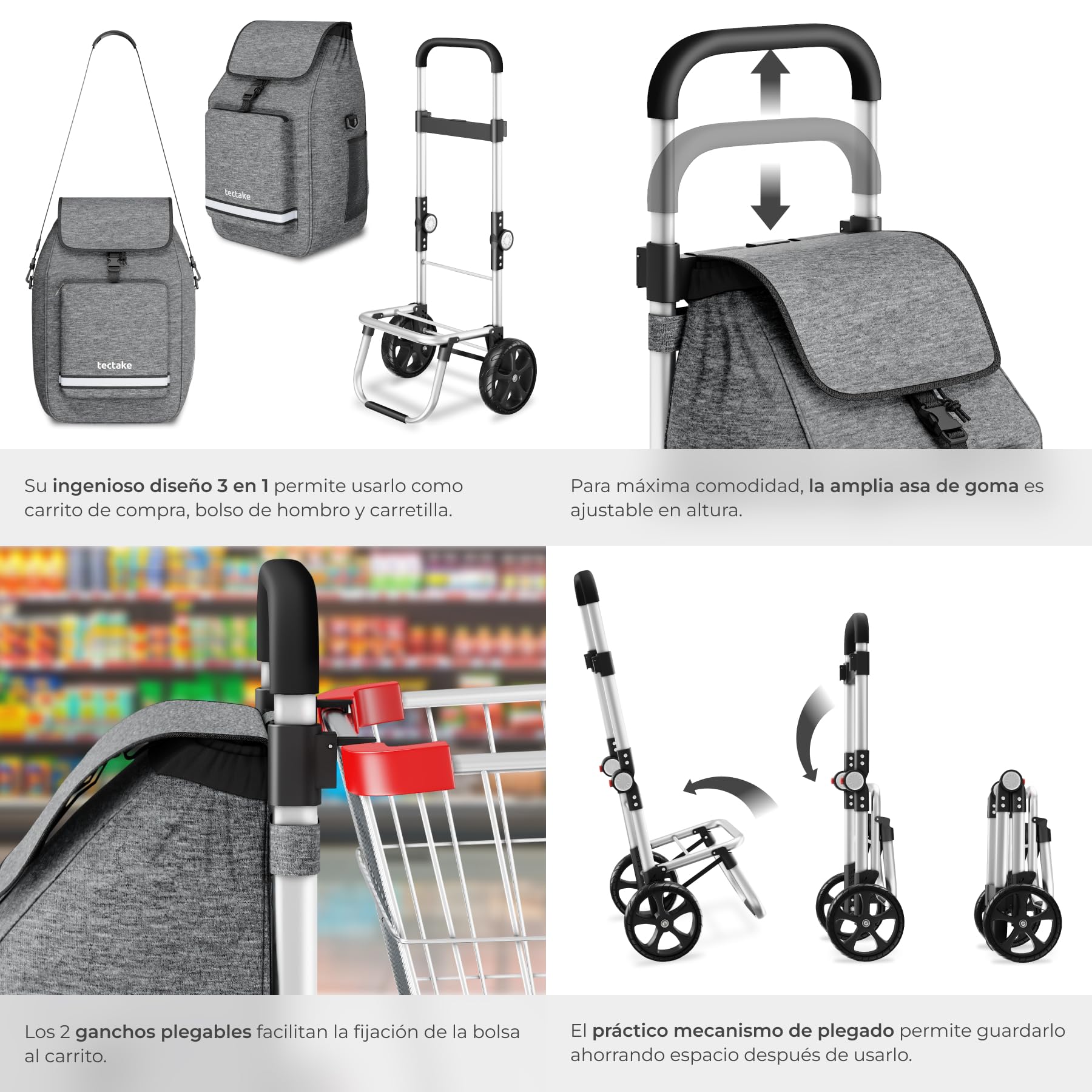 tectake® Carro de la Compra Plegable 3 en 1, Trolley, 56 L, Carrito Compra, Estructura de Aluminio, Bolsa Termica, Supermercado, Carro Plegable con Ruedas Silenciosas - Gris