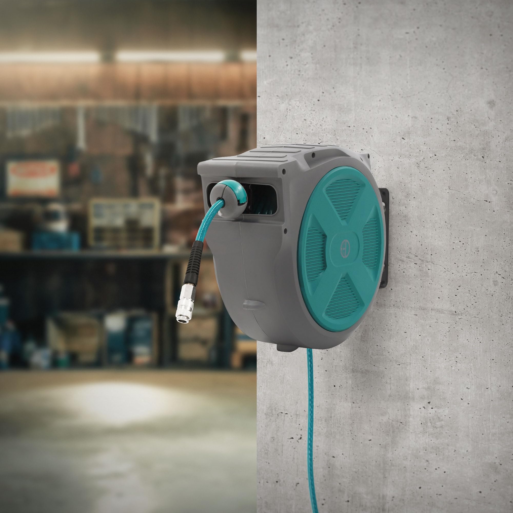 ECD Germany Druckluftschlauchtrommel 20m+2m, Automatischer Aufroller mit Arretierfunktion, 1/4" Anschluss, Schnellkupplung, 15 bar, 180° schwenkbar, Ø12mm, Automatik Schlauchaufroller für Wandmontage