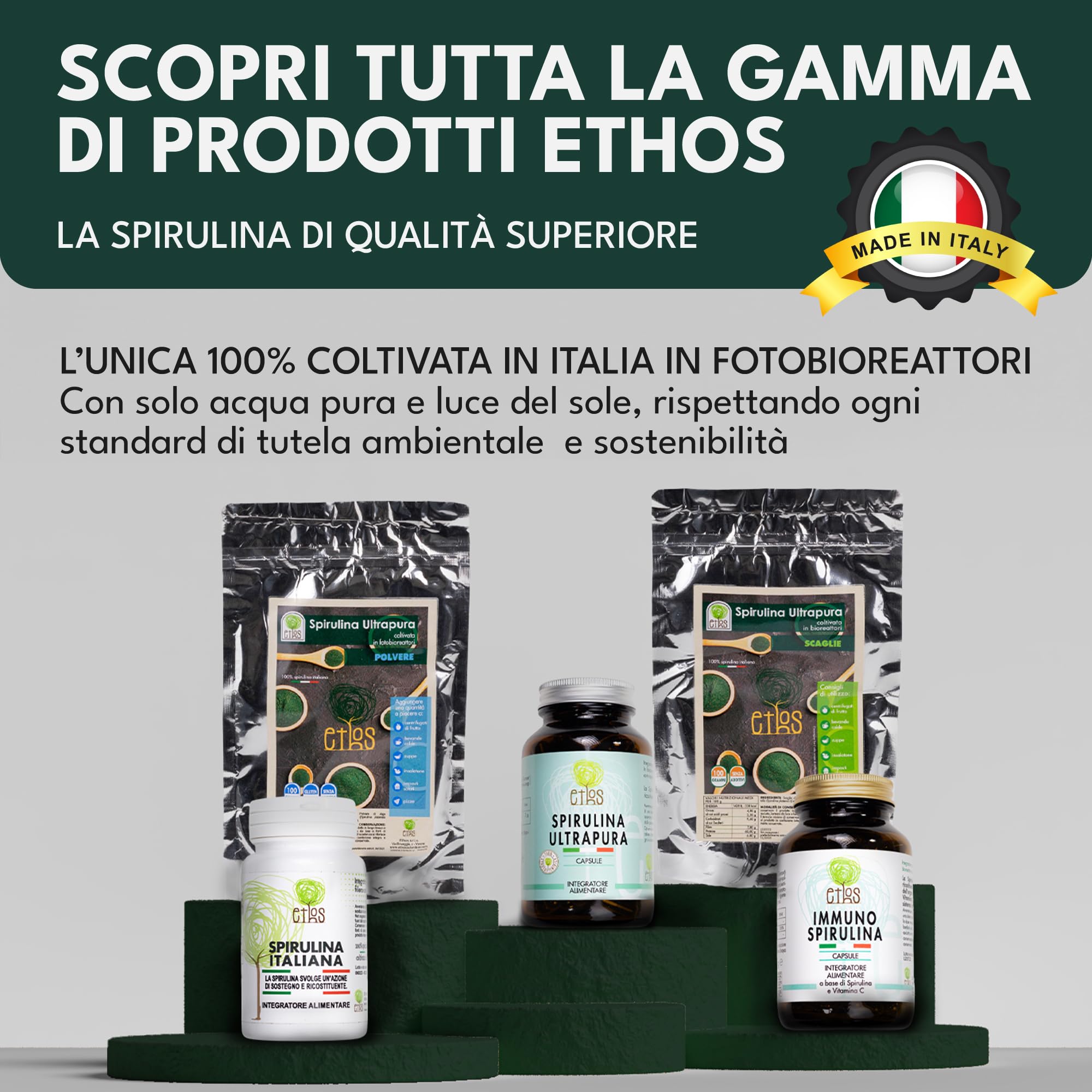 ETHOS Immuno Spirulina in Capsule - Integratore Difese immunitarie con Vitamina C e Acerola, Alga Spirulina Prodotta e Confezionata in Italia, Superfood Naturale, 100 Capsule da 750mg