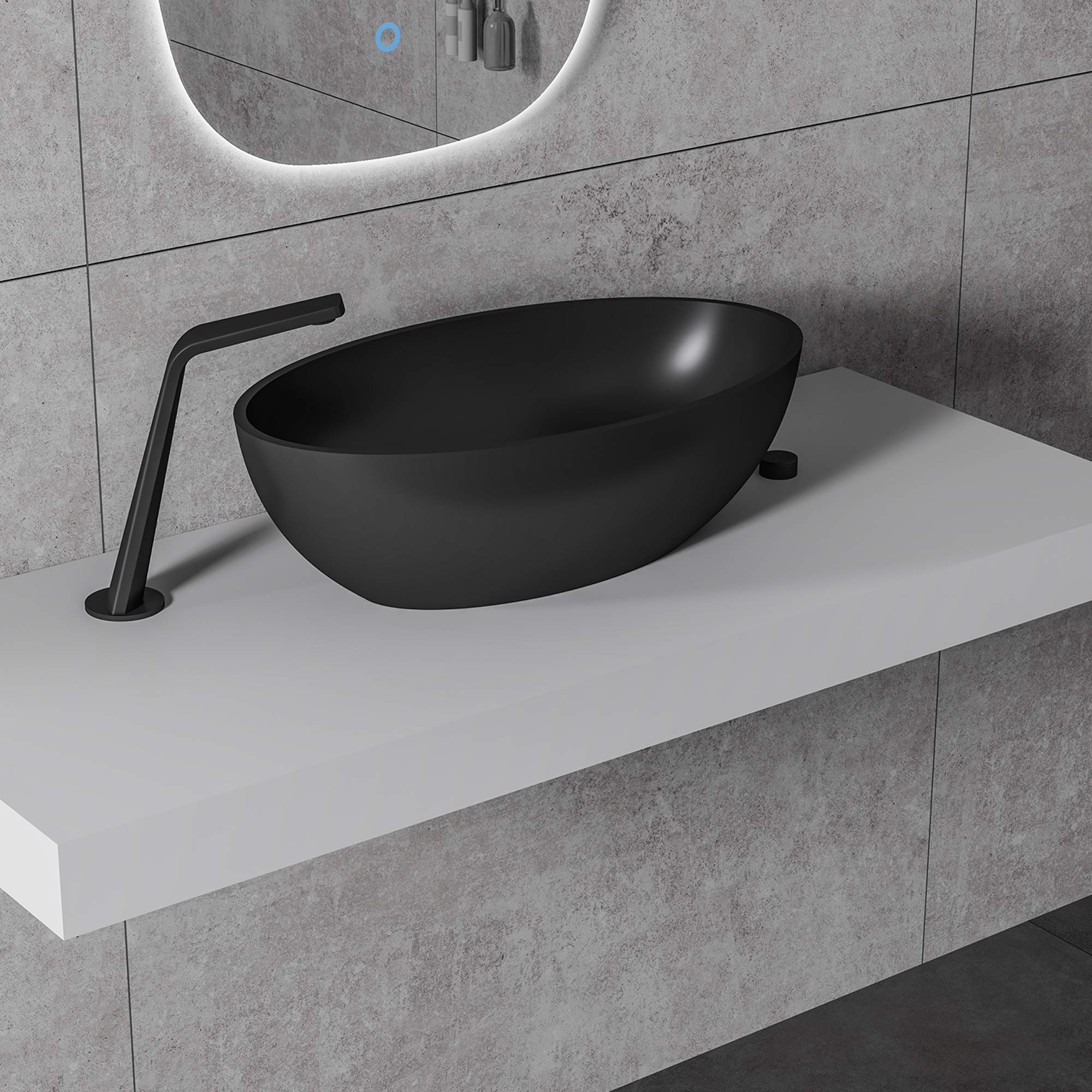 Aufsatzwaschbecken RELAX aus Mineralguss Solid Stone - Farbe:Schwarz matt, Ablaufgarnitur/Pop-up:Mit Ablaufgarnitur, Zusätzl. Blende für Ablaufgarnitur:ohne zusätzl. Blende