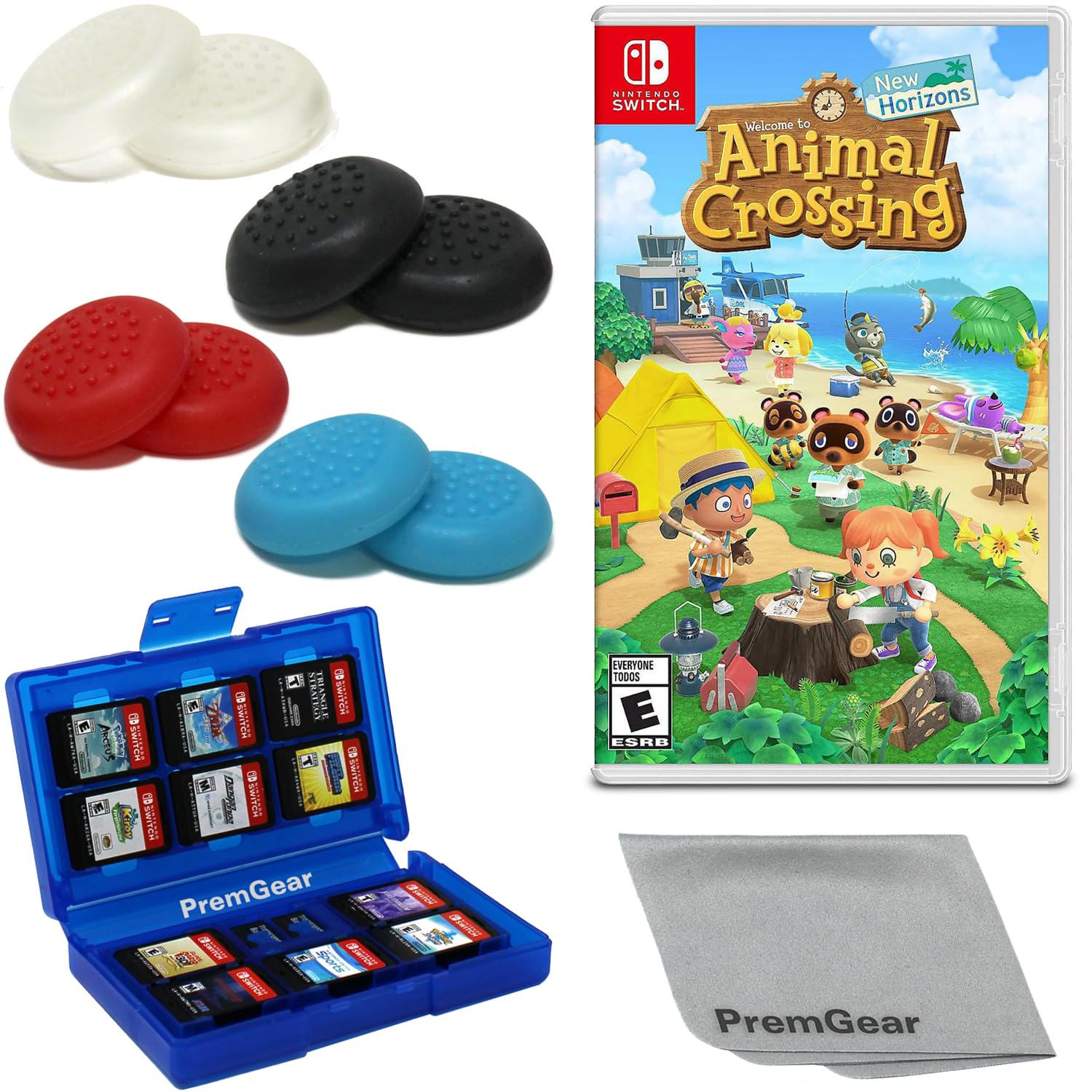 Animal Crossing: New Horizons – Nintendo Switch con PremGear 4 diversi colori Thumb Grips (confezione da 8), 24 slot porta carte da gioco e panno di pulizia