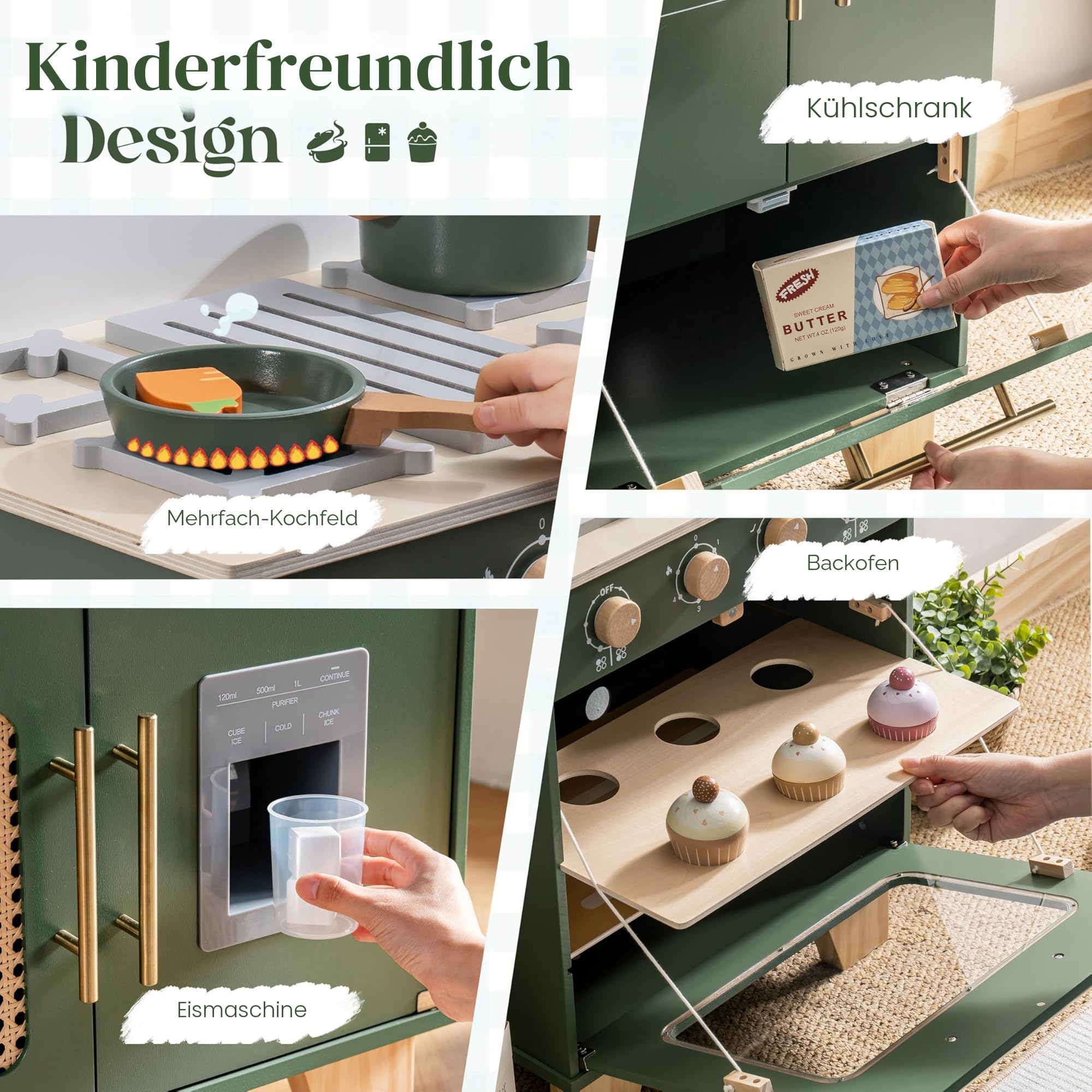 ROBOTIME Spielküche Holz mit Kühlschrank und Backofen, ab 3 Jahren | 3-in-1 Kinderküche Zubehör mit Eisspender, Spüle, Herd, Stauraum und Küchenutensilien, Vintage-Grün, Geschenk für Kinder