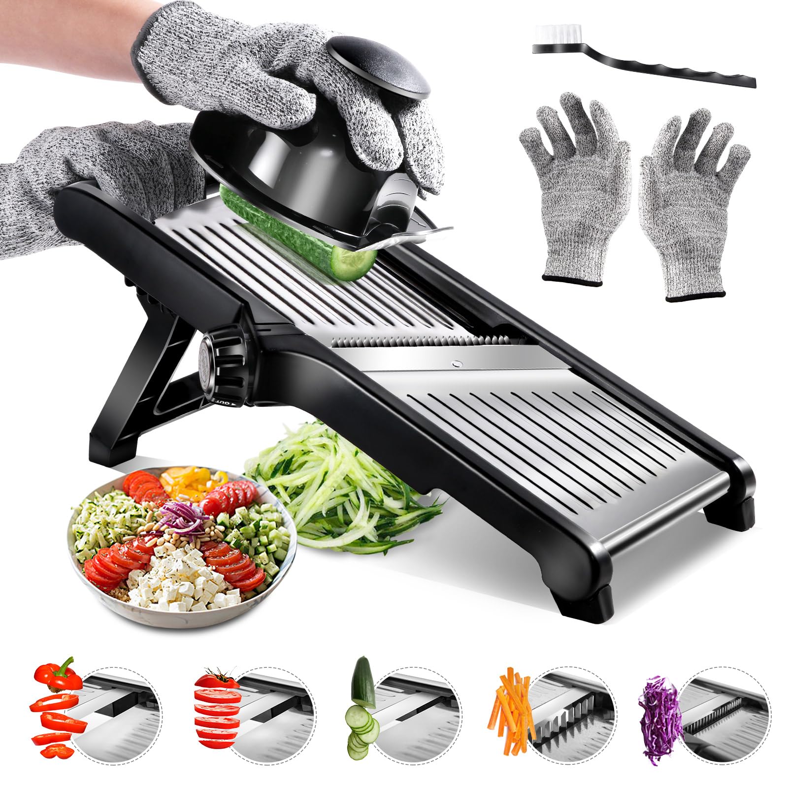 Almcmy Mandoline Slicer for Kitchen, Adjustable Stainless Steel Mandoline Food Slicer with Cut-Resistant Gloves, Vegetable Chopper Onion Slicer Potato Slicer Julienne Slicer - Send 1 Cleaning Brush