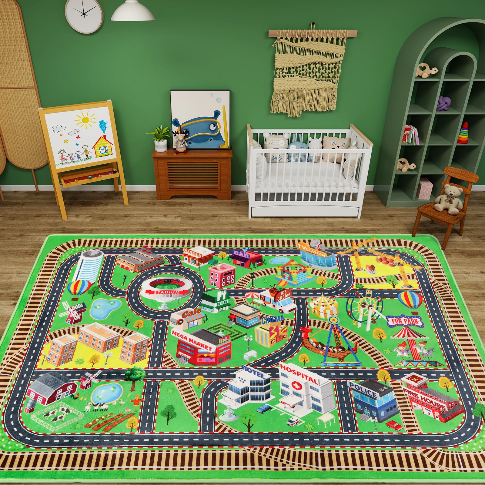 Tappeto da gioco per auto giocattolo, 200 x 150 cm, traffico stradale 3D, per cameretta dei giochi, tappetino stradale per bambini