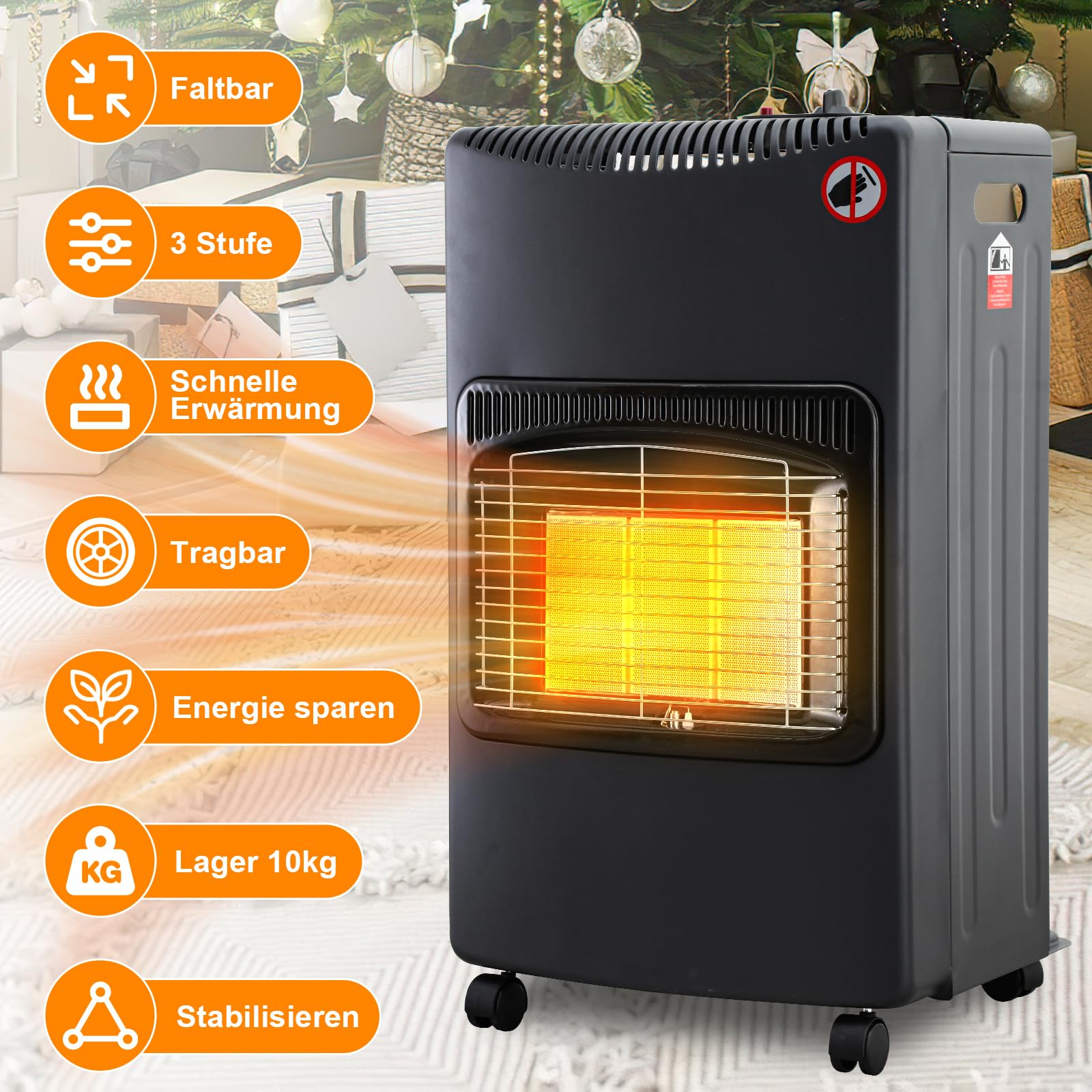 Piec gazowy, grzejnik gazowy, składany, 3 poziomy mocy i mocy cieplnej 1400-4200 W, zapalnik piezoelektryczny, zabezpieczenie przed przegrzaniem, butle z butanem lub propanem, 4,2 kW