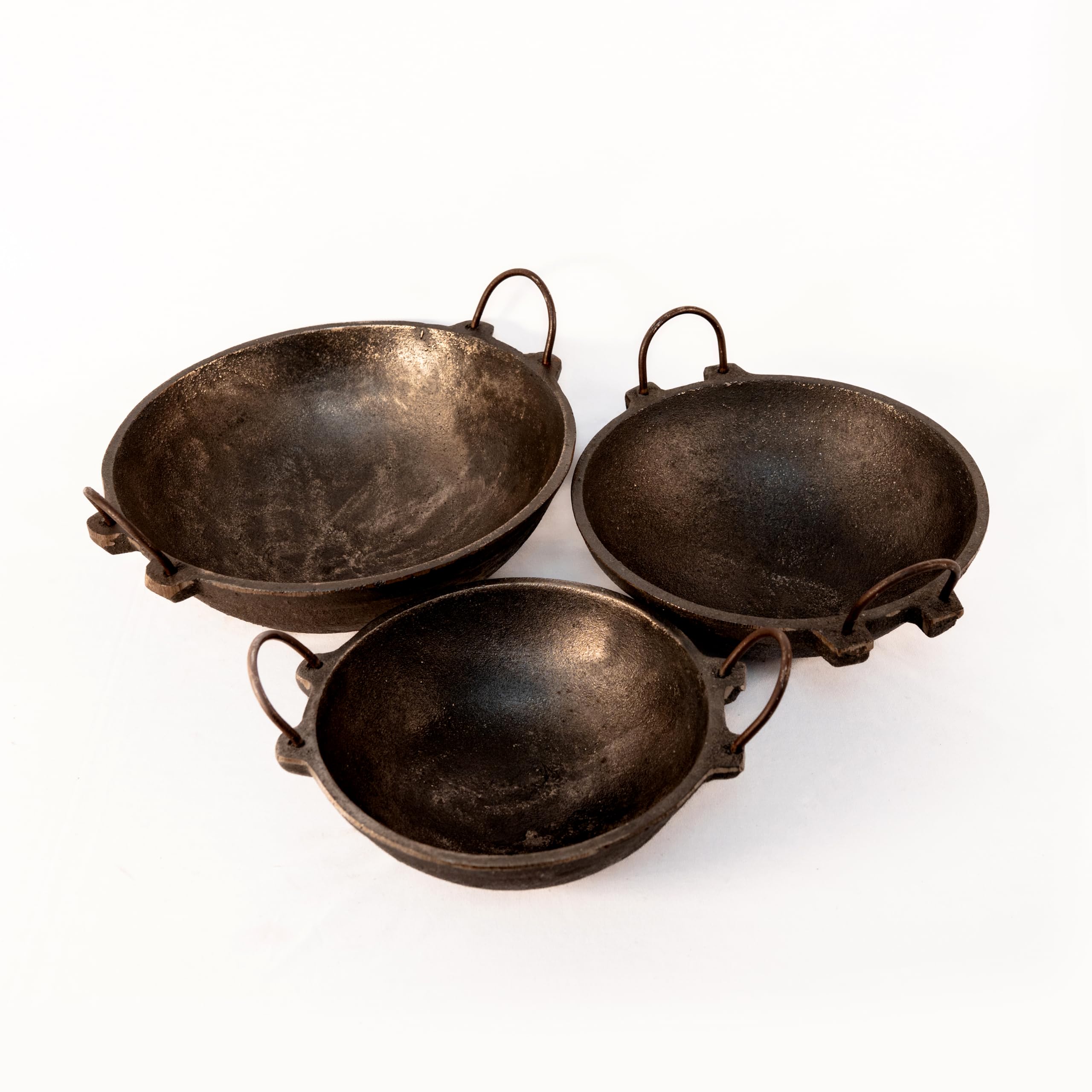 Zishta Pre-Seasoned Handcrafted Cast Iron Kadai Combo | Multipurpose Cast Iron Kadhai Cookware Combo of 3 Sizes Small, Medium and Large |Black (Sizes- Dia- 17.9-27.9cm,Cap: 0.5-2L)