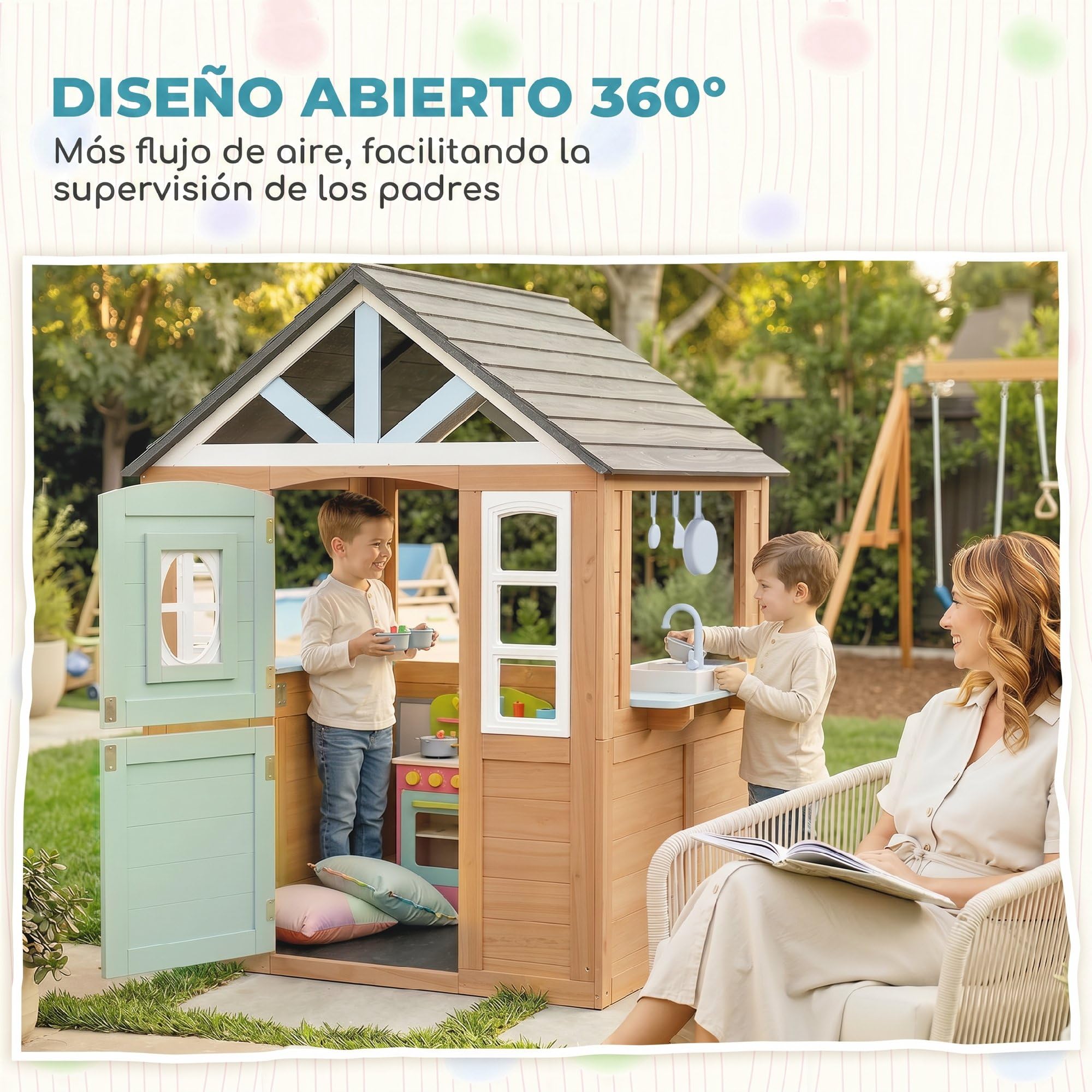 AIYAPLAY Casetta per bambini all'aperto e interno in legno, casetta per bambini, con porta per animali domestici, cucina giocattolo, mezza porta e finestre, casa da giardino per bambini di +2 anni