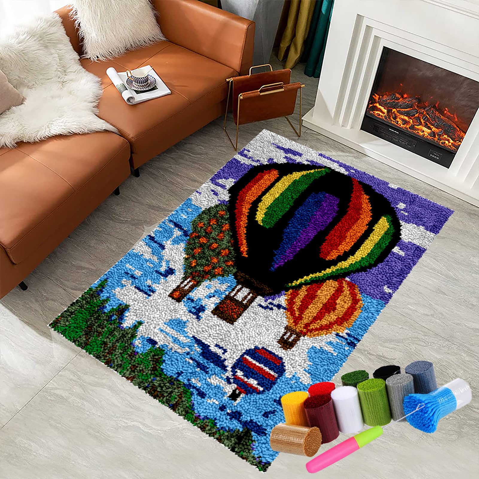 Latch Hook Kits for Adults Beginners, Tapestry Kits, Latch Hook Rug Kit for Home Décor, DIY Rug Making Kit for Adults with Printed Patterns, Canvas Yarn Latch Hook Kit, Crochet Kit 130 x 150 cm