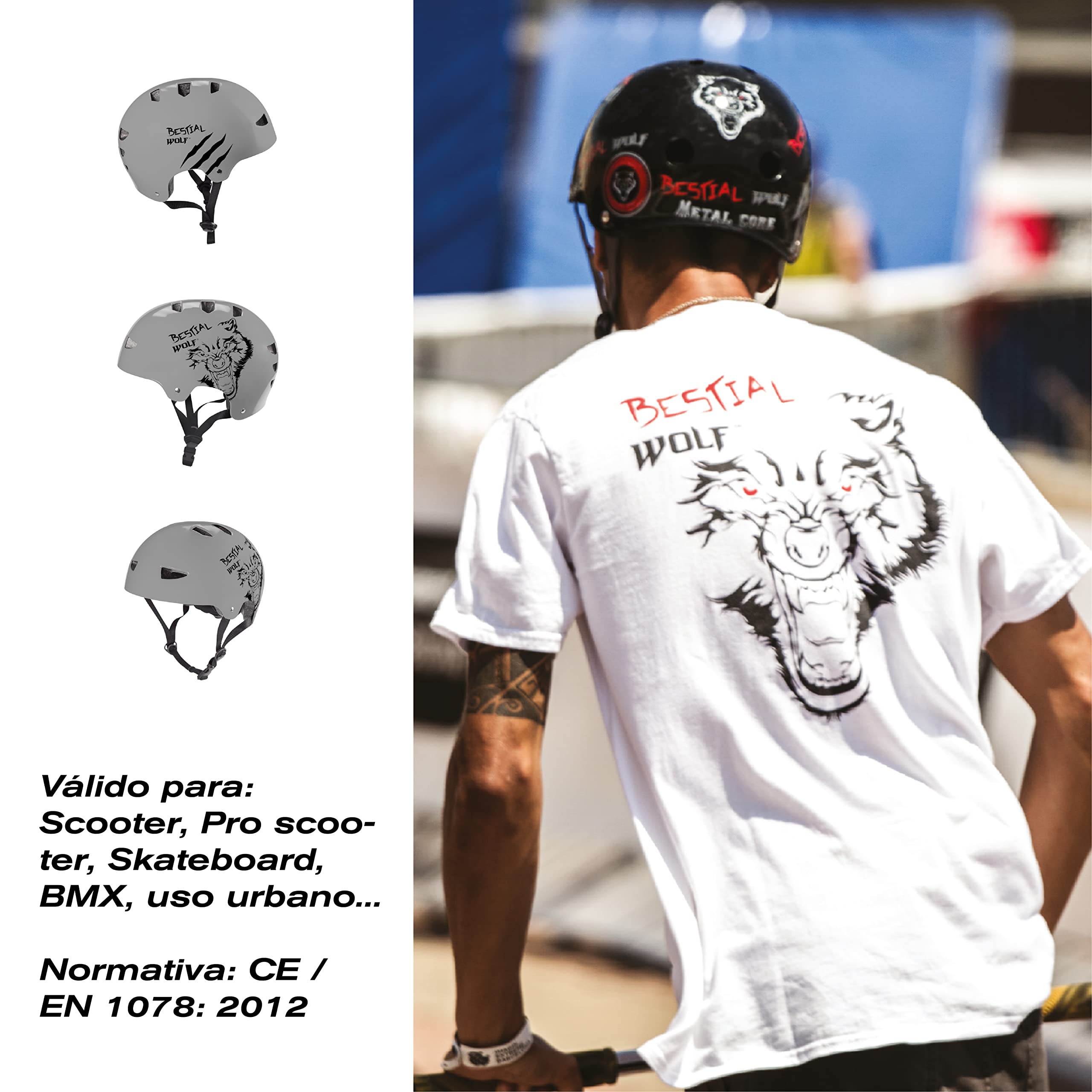Bestial Wolf | Casco | Skateboard | Monopattino Bambino Freestyle | Skate | Monopattino acrobatico | BMX | Omologato CE | Sport e Outdoor | Regolabile Unisex | 8 a 99 anni