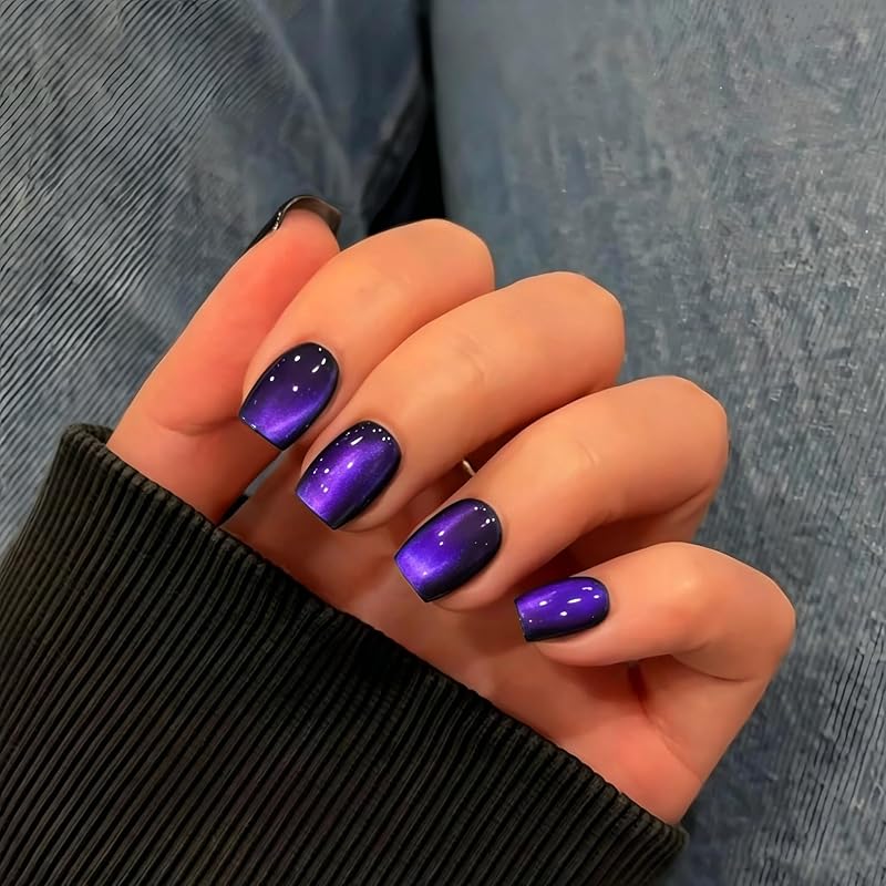 KQueenest Violet Purple Cat Eye Press on Nails Short, 30 Pcs Acrylic Press on Nails Square, Sparkly Glitter Black Fake Nails Press on Short, Reusable Chrome Soft Gel Glue on Nails for Women
