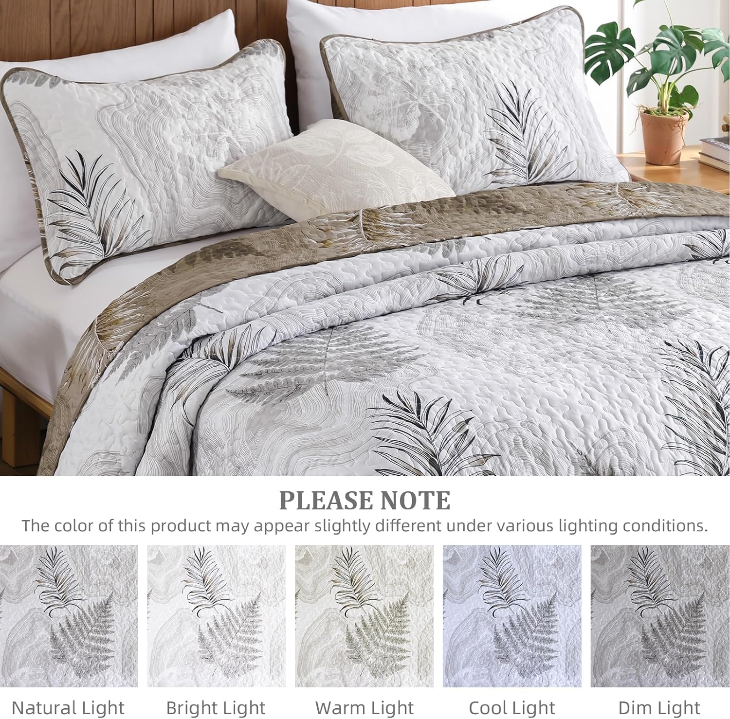Dinjoy Brown Quilts Set Queen Size, Botanical Bedspread Bedding Set Floral Leaf Pattern Reversible Coverlet Set 3 Pieces, Botanical Summer Bed Cover for All Seasons (96''x90'')