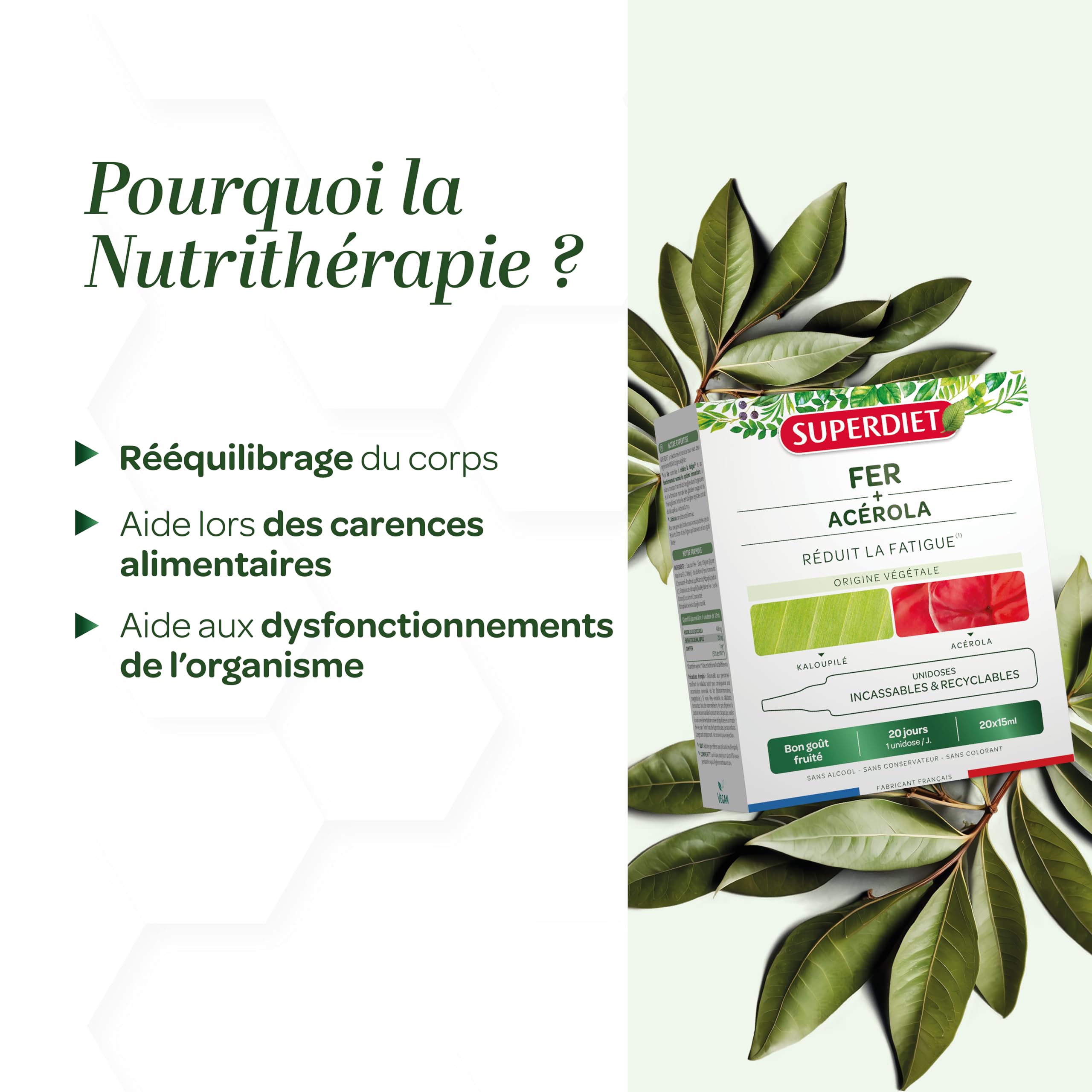 SUPERDIET - FER ACÉROLA ORIGINE VÉGÉTALE - Goût fruité - Réduit la fatigue - Fabrication française - 20 unidoses format nomade