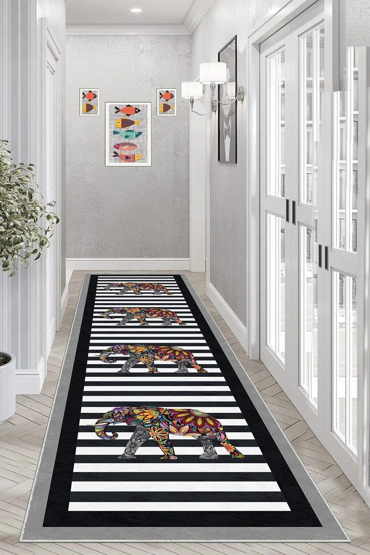 Pelangi Fil Desenli Etnik Dijital Baskı Yıkanabilir Modern Salon Filli Halı ve Yolluk (Siyah), Siyah 80 x 600, 95541223806007