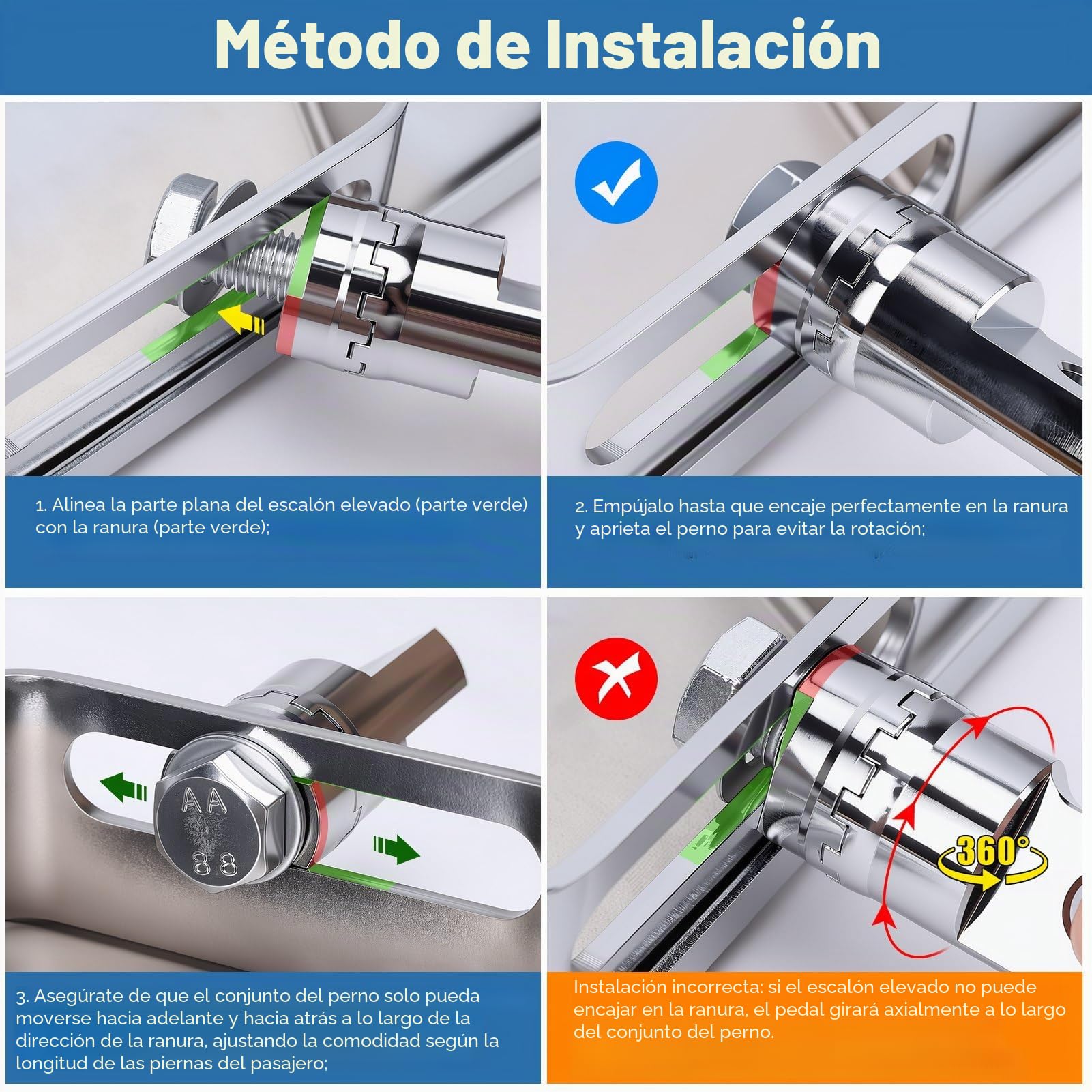 Par de reposapiés anchos para motocicleta con plataforma trasera ajustable para pasajero