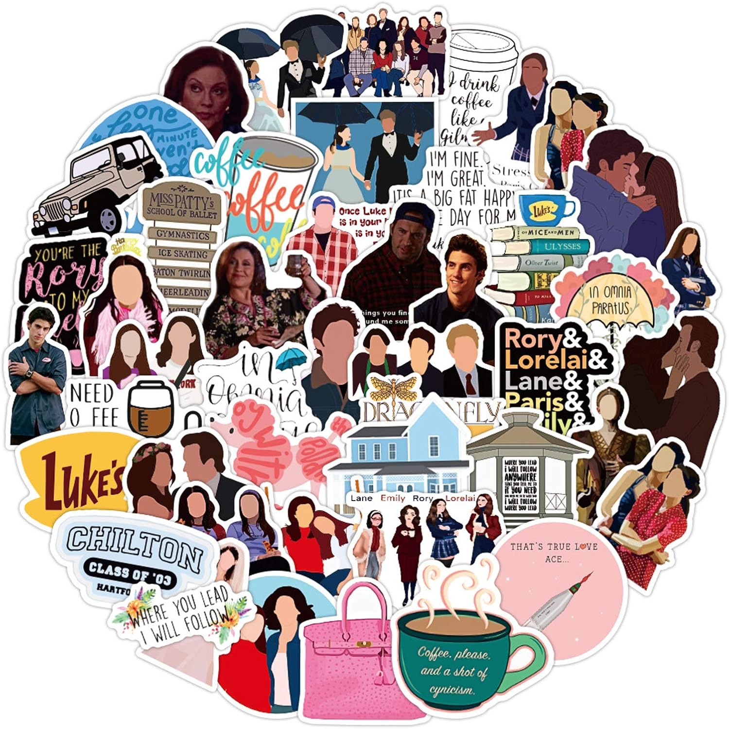 amazon com gilmore girls stickers 50pcs vinyl water comedy tv show decal for laptop skateboard bumper cars computers cool teens adults decorations electronics
