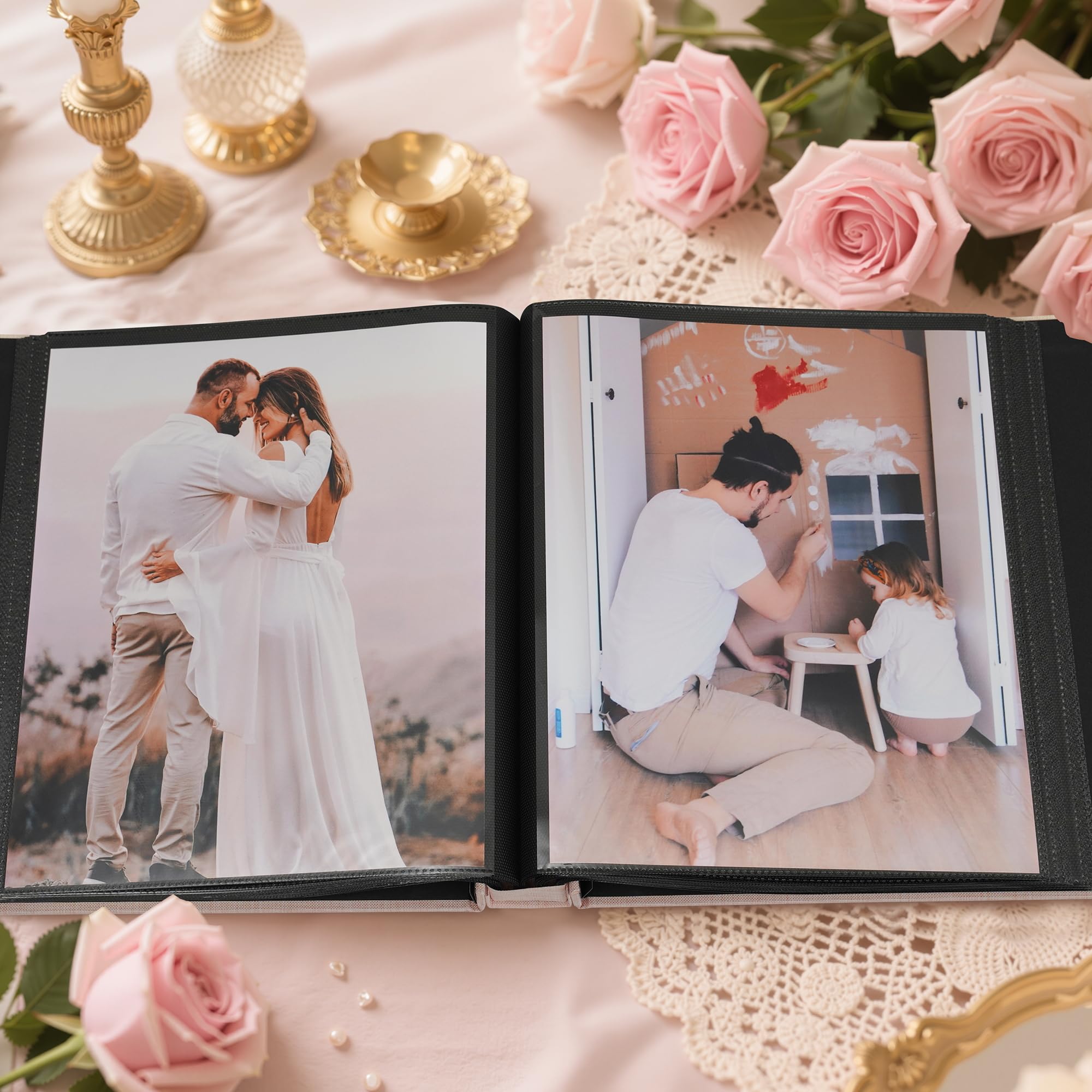 Álbum de fotos de 8 x 10 pulgadas, 100 fotos, álbum de fotos con 100 bolsillos, cubierta de tela de lino, álbum de fotos de 8 x 10 pulgadas para bodas, viajes, recuerdos familiares (rosa)