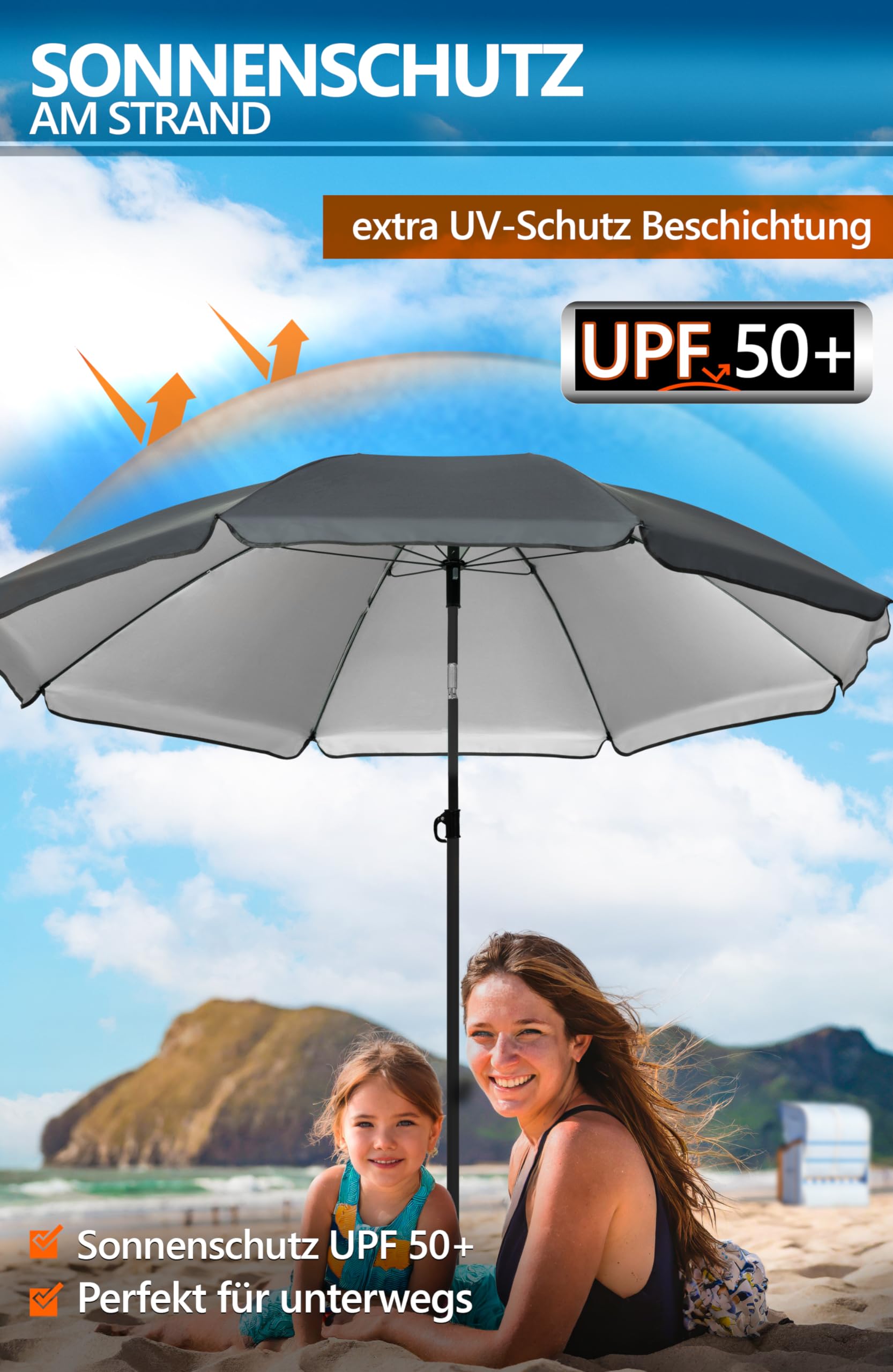 4smile Sonnenschirm Strand SunnyJoy, 3-in-1 SET, Anthrazit - UPF 50+ Strandschirm Ø 180 cm + Sonnenschirm-Bodenhülse + Sonnenschirmhülle - Komplettes Sonnenschutz Strand Set