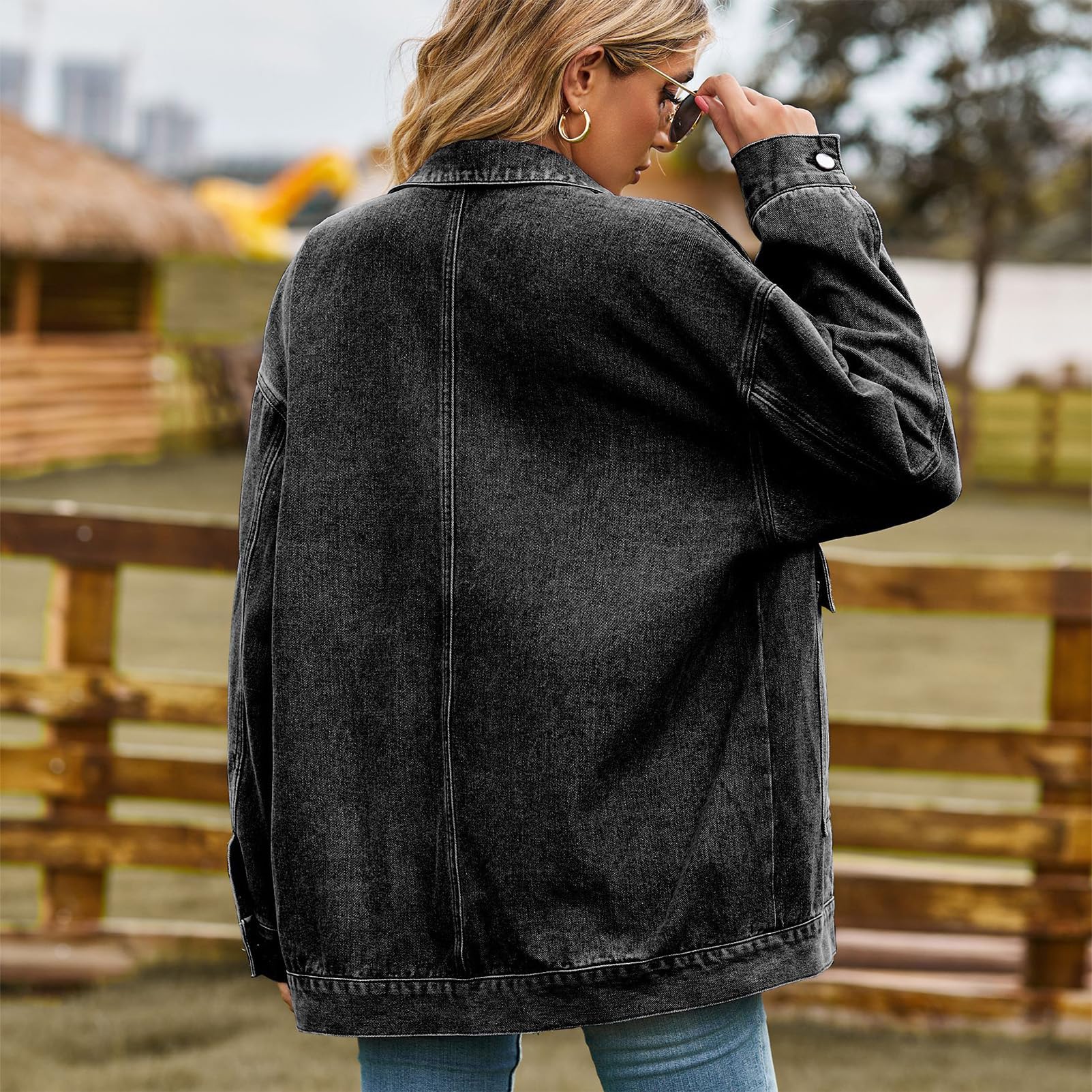 Mujer Oversize Media Vaquera Chaqueta Manga Larga Conjuntos