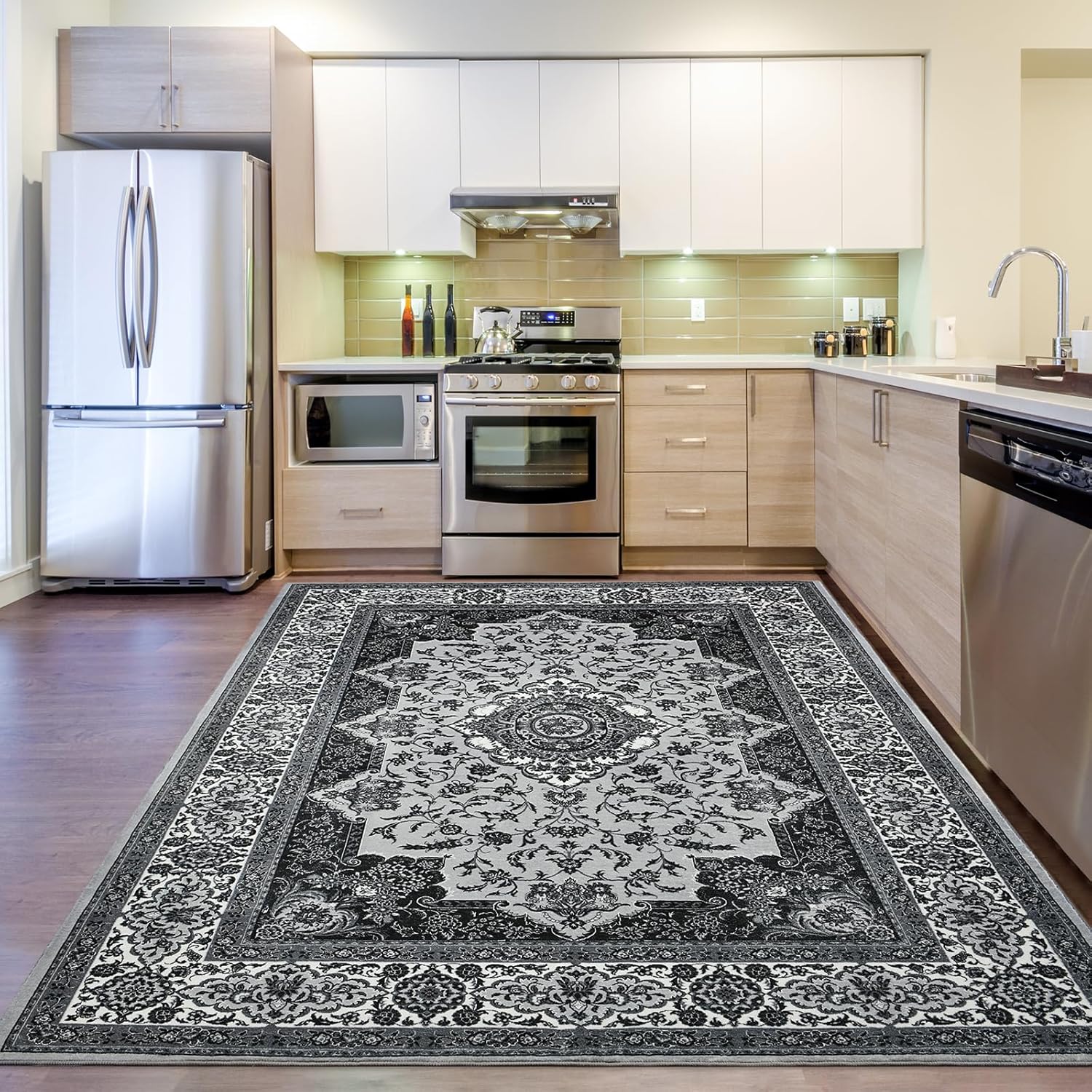 Area Rug for Living Room, Machine Washable Grey Rugs for Bedroom, 4x6Ft Non-Slip Vintage Carpet for Office Dining Room Entryway Hallway