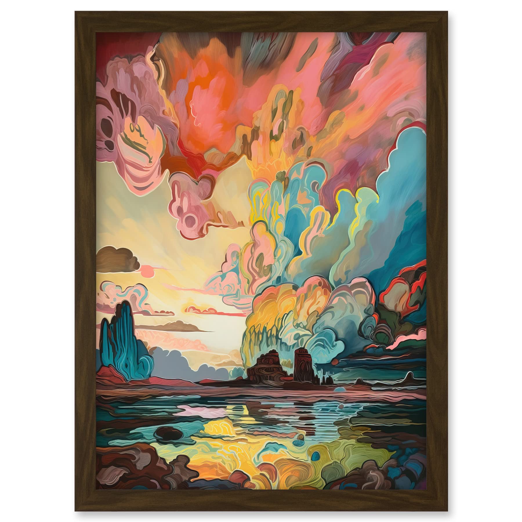 Artery8 Van Gogh Inspired Atmospheric Clouds Over Mono Lake at Dawn Modern Watercolour Painting Artwork Framed A3 Wall Art Print