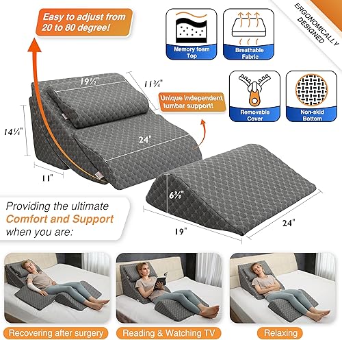 Miniatura 2 de Juego de almohada ortopédica ajustable de cuña para cama poscirugía, almohada de cuña de espuma viscoelástica para aliviar el dolor de espalda,