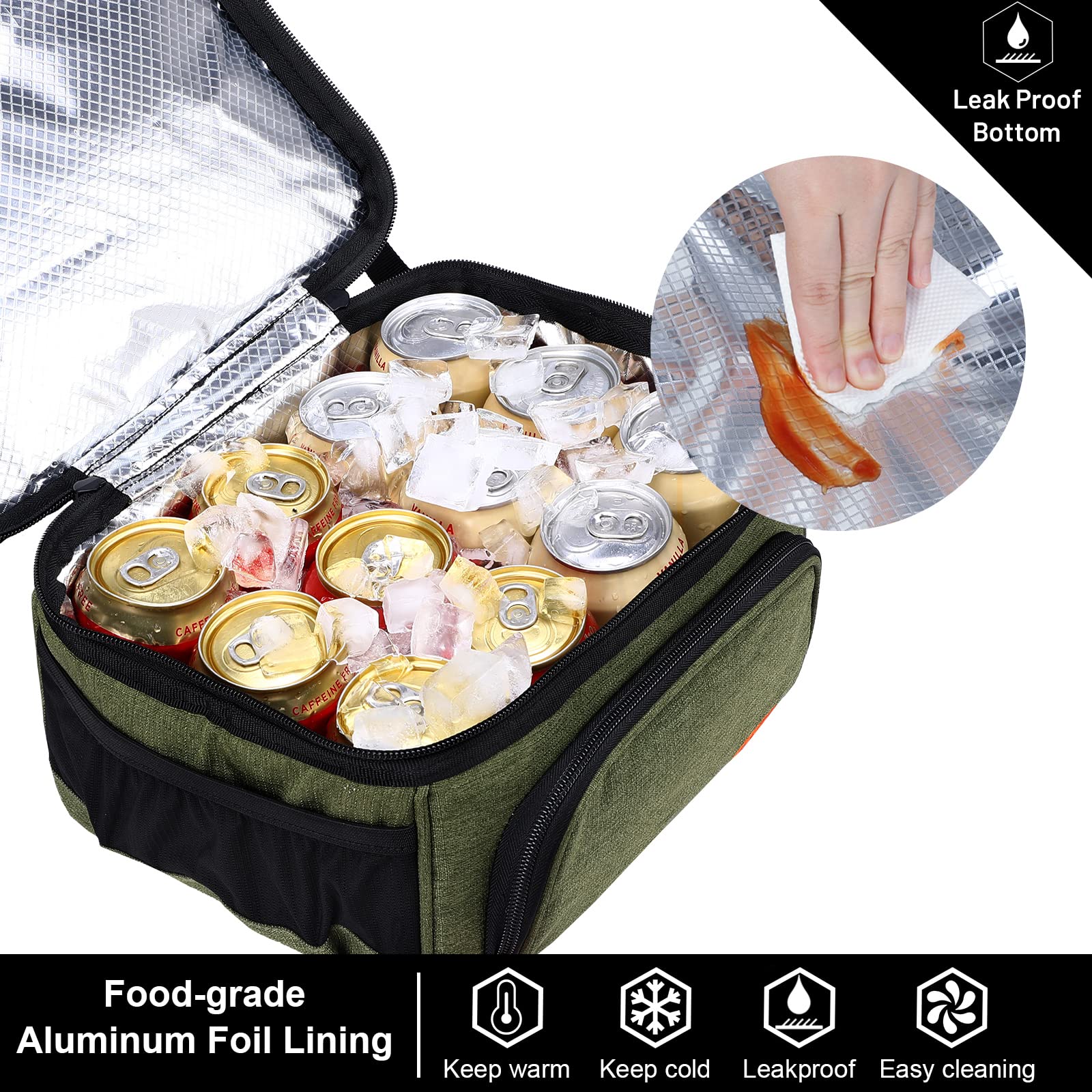 Bolsa de almuerzo de doble compartimento con correa para el hombro para hombres y mujeres, bolsa térmica aislada a prueba de fugas, color verde militar 5