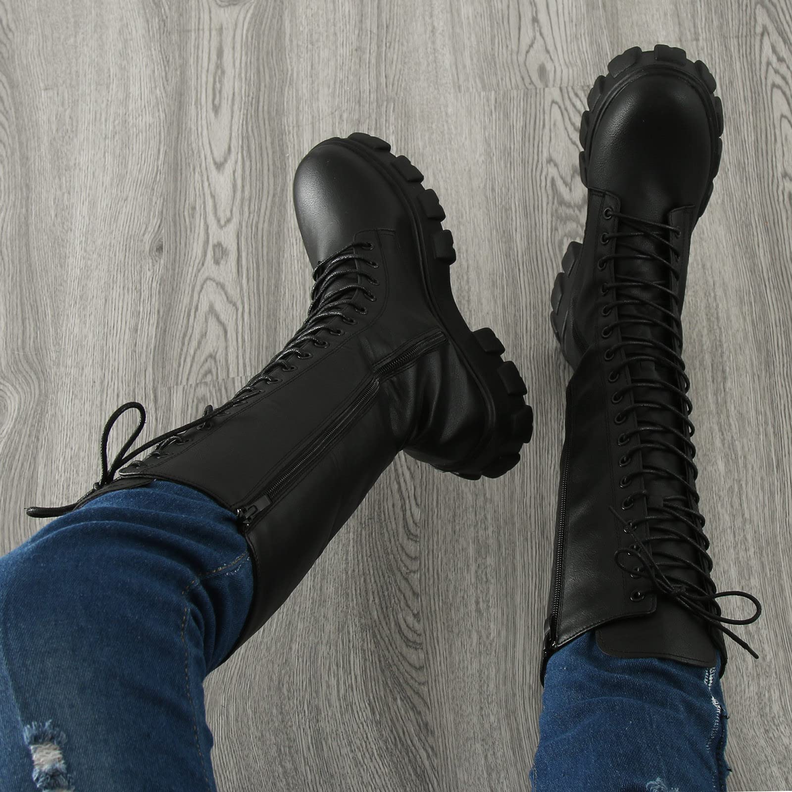Bottes Hautes Femme mit Mollet Large Confortables Botte Western Longue Classiques Bottes Equitation de Hiver à Lacet Réglable Bottines Chaude et Durable Botte au-Dessus du Genou Boots Cuir z22