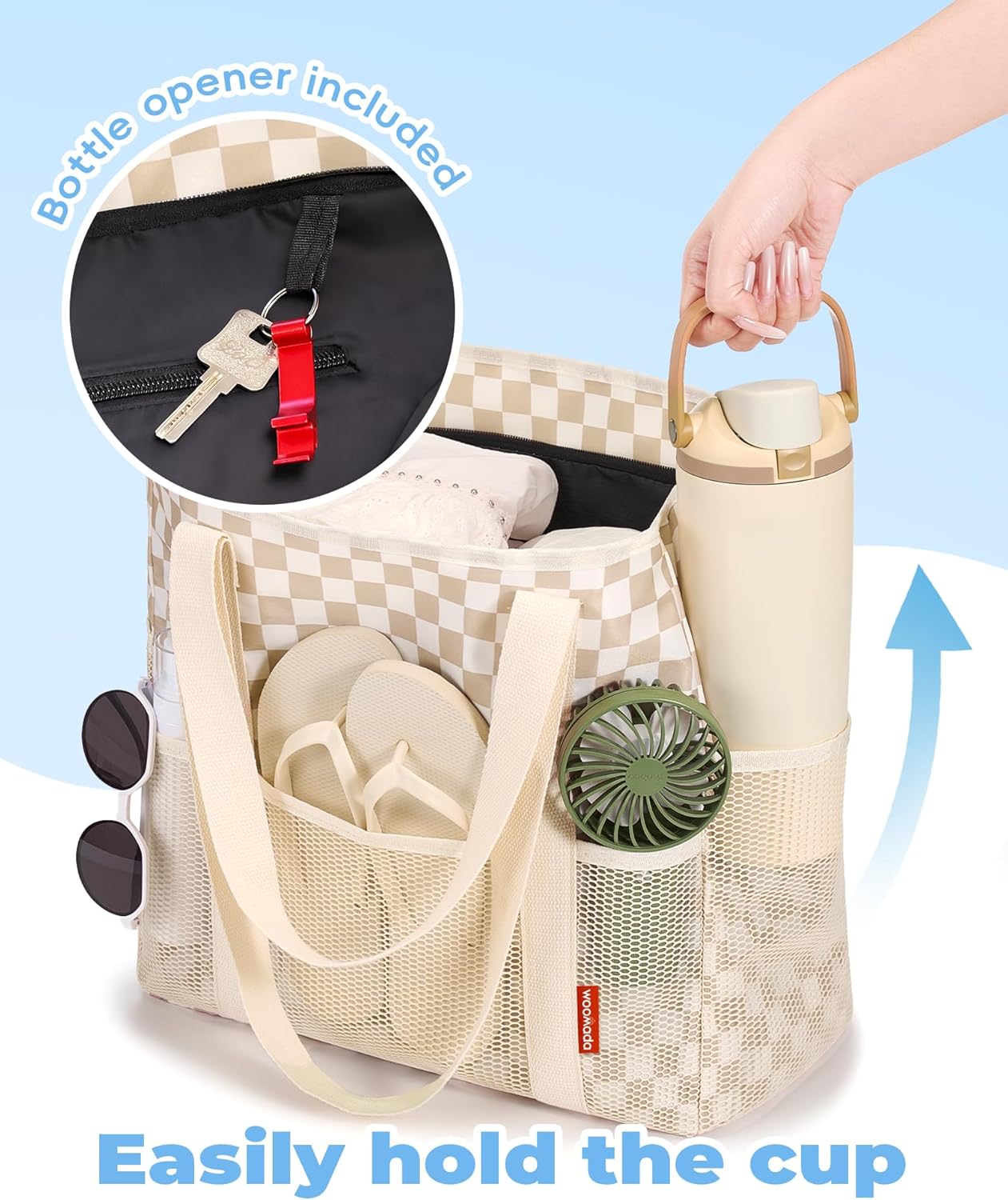 WOOMADA Large Mesh Beach Tote -Tote Bag for Towels & Vacation Essentials