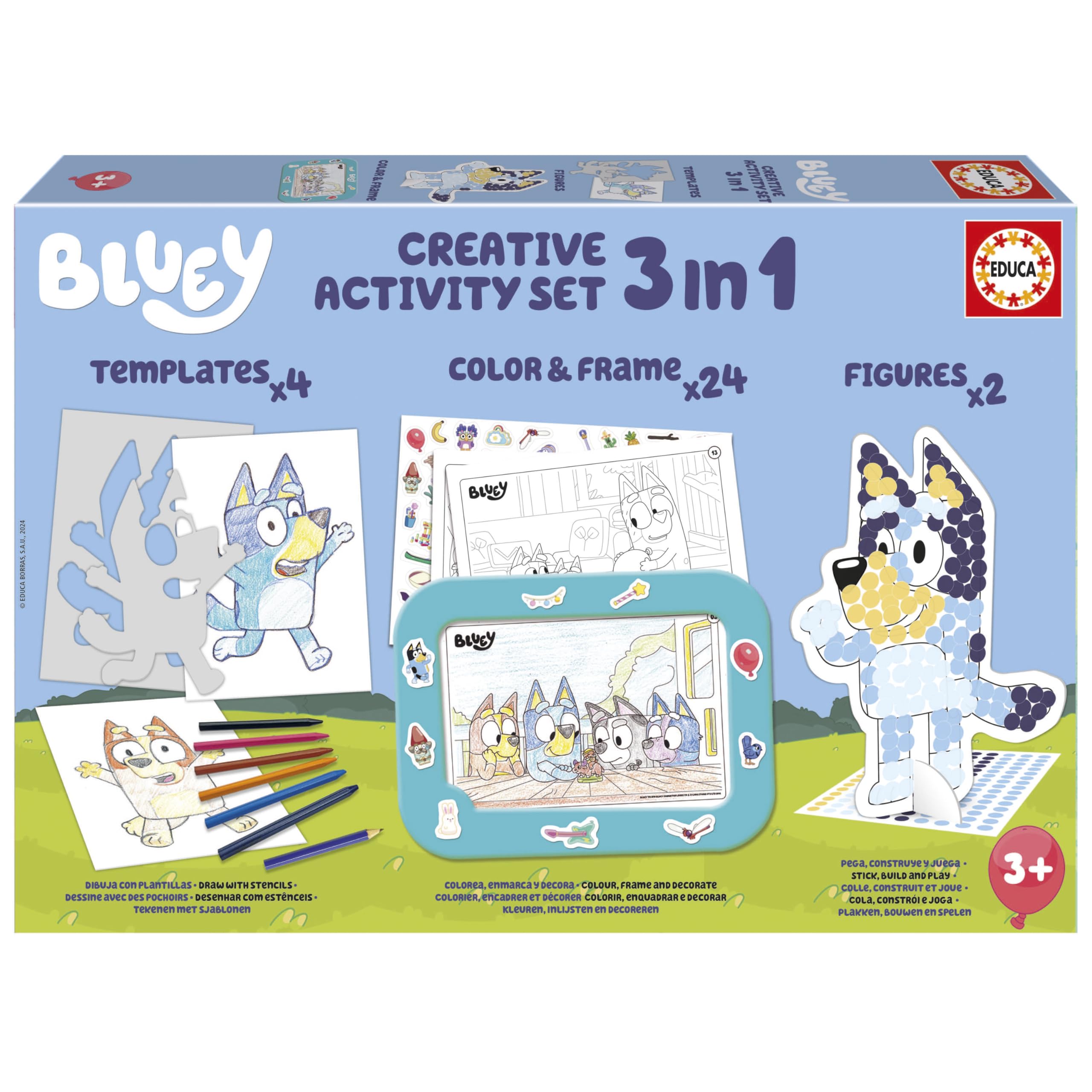 Educa - Set Creativo 3 en 1 Bluey con Tres Actividades: Pintar por números, creando 2 Figuras en 3D para Decorar y Dibujar Personajes de la Serie Bluey Mediante Plantillas. A Partir de 3 años (19887)