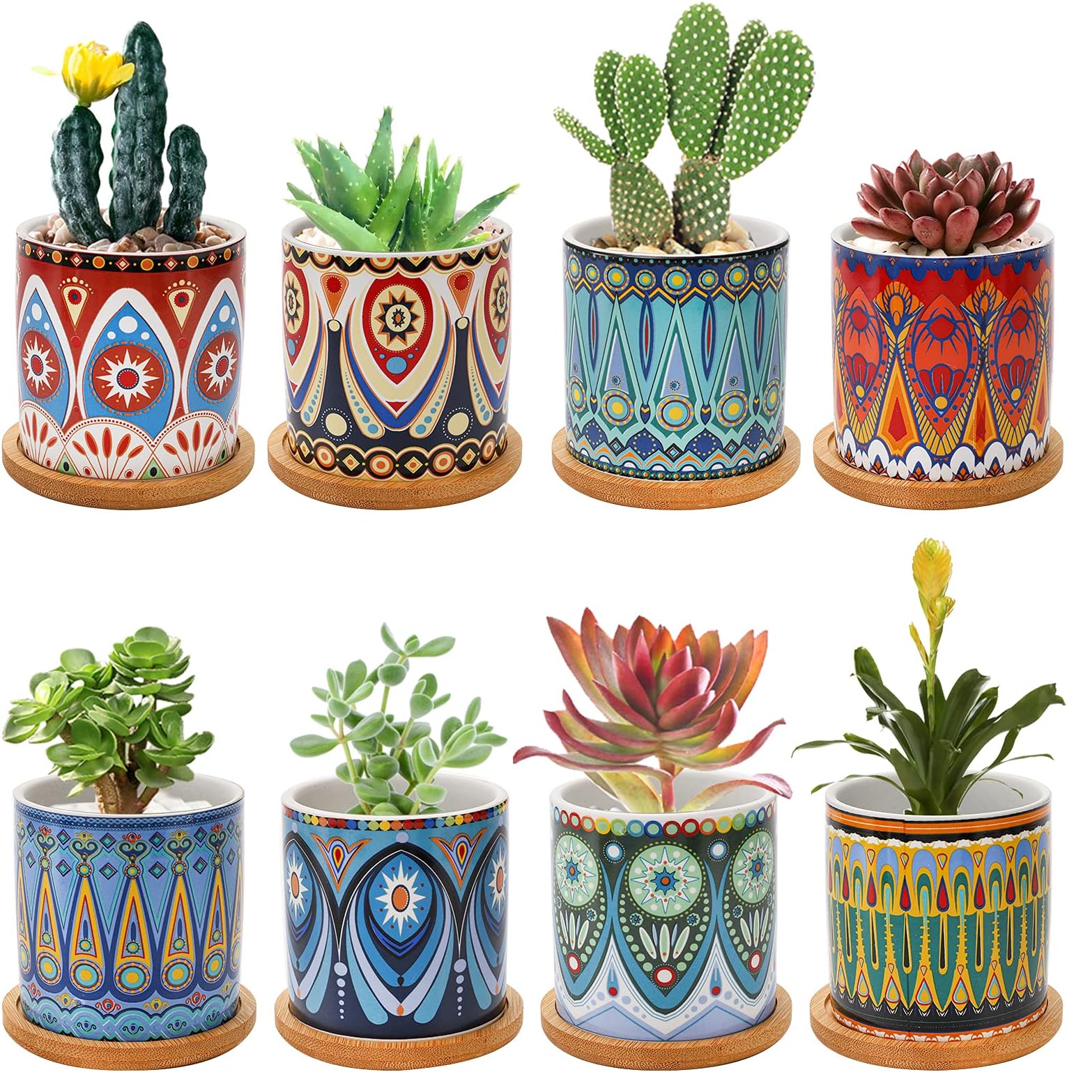 Kingrol 8 Pack Succulent Pots, Mini Ceramic Flower Planter Pot with Drainage Hole and Bamboo Tray for Cactus, Ferns, Herbs, Jade Plants - Mandala Style, Plants Not Included