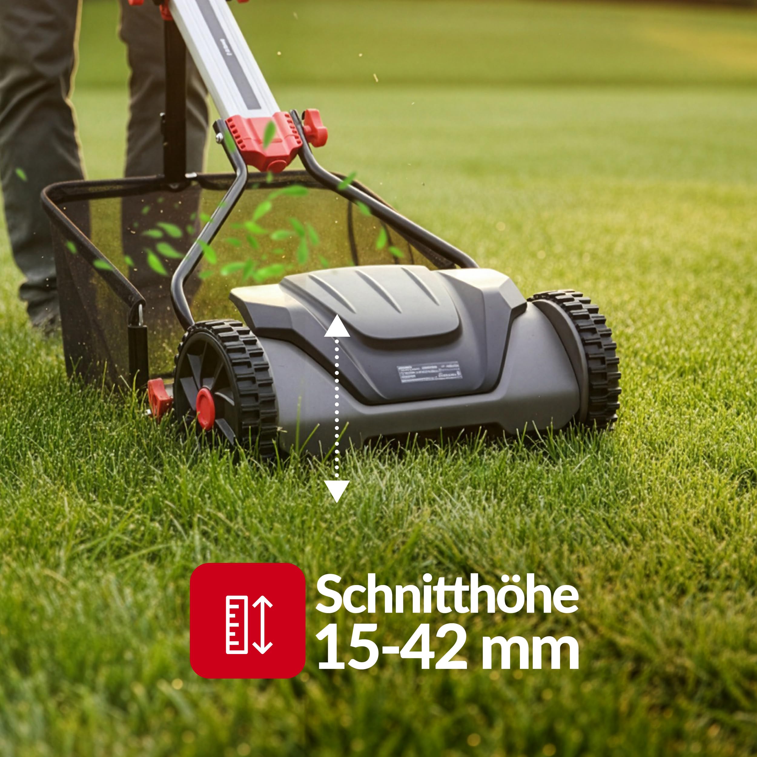 LEHMANN Spindelmäher 40 cm mit Fangkorb 30 L – Handrasenmäher ohne Strom, mechanischer Rasenmäher manuell mit 5 Messern, 6-Fach Schnitthöhenverstellung 15–42 mm, klappbarer Griff