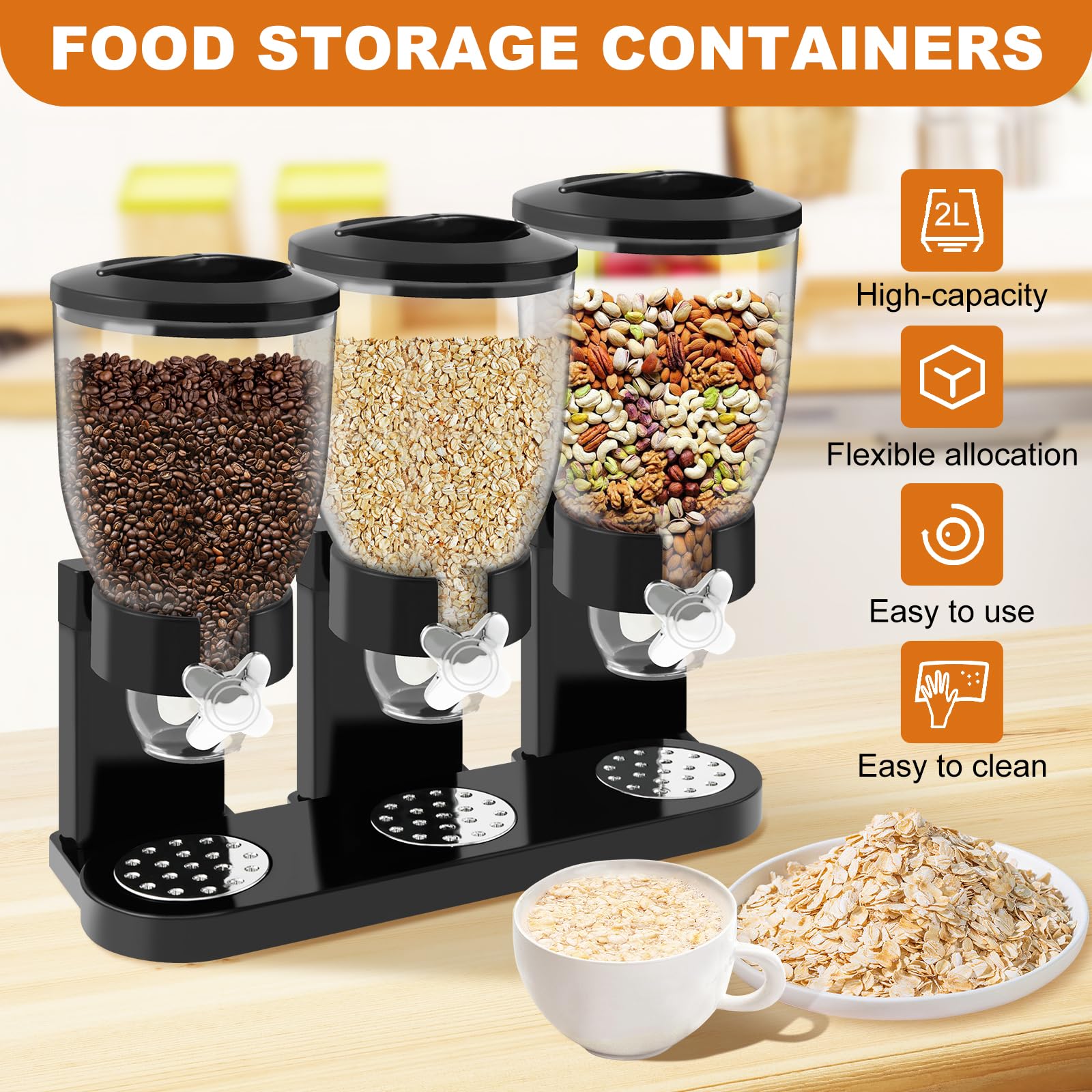 Dispenser per cereali, piano di lavoro, Triple Troy Food Spenser 2 l, contenitore per cereali con capacità, ermetico, contenitore per alimenti, caramelle, caramelle
