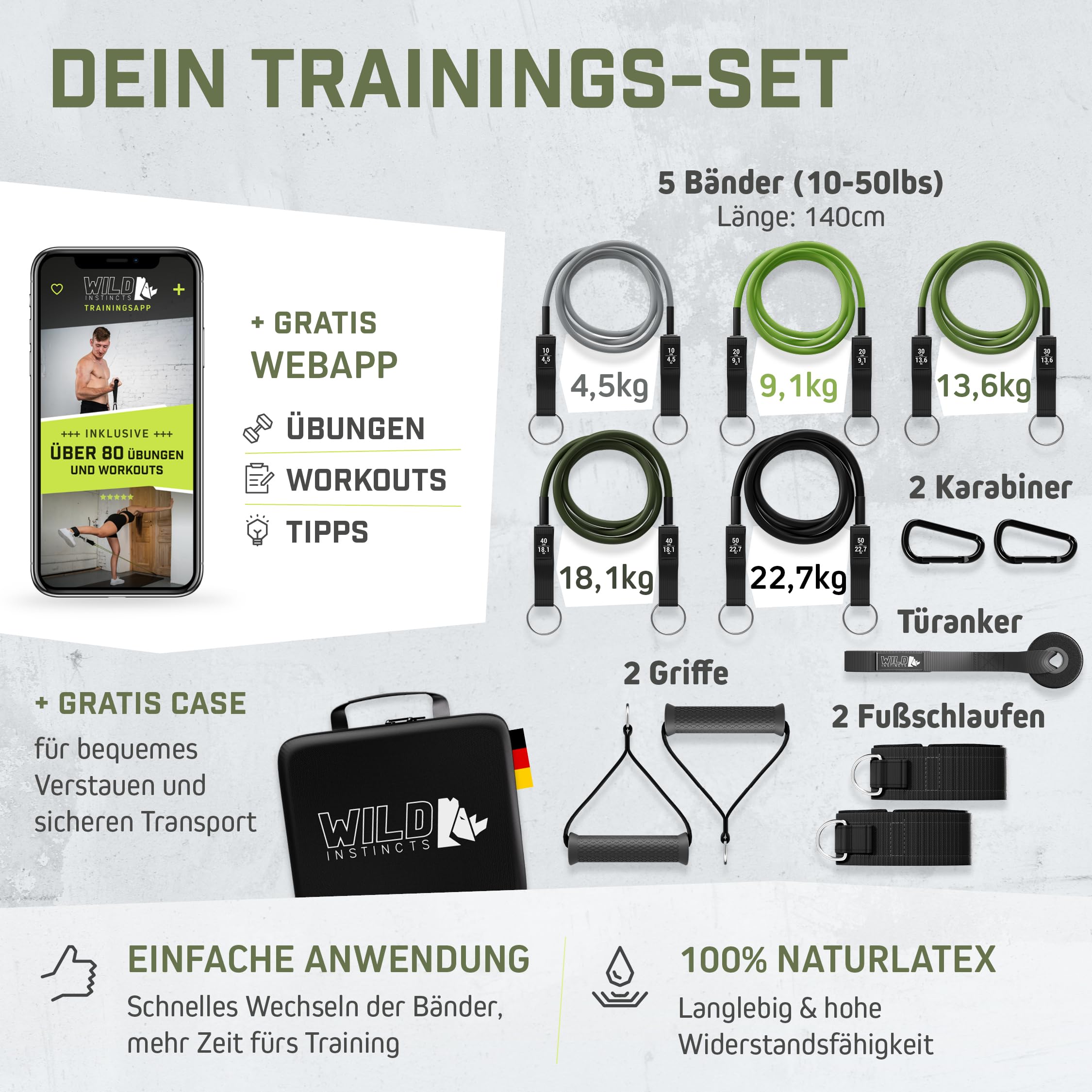 Wild Instincts Premium Widerstandsbänder Set für Dein Workout Zuhause +Trainings WebApp - Fitnessbänder mit Griffen für Kraftsport & Muskelaufbau - Resistance Bands Set + Case