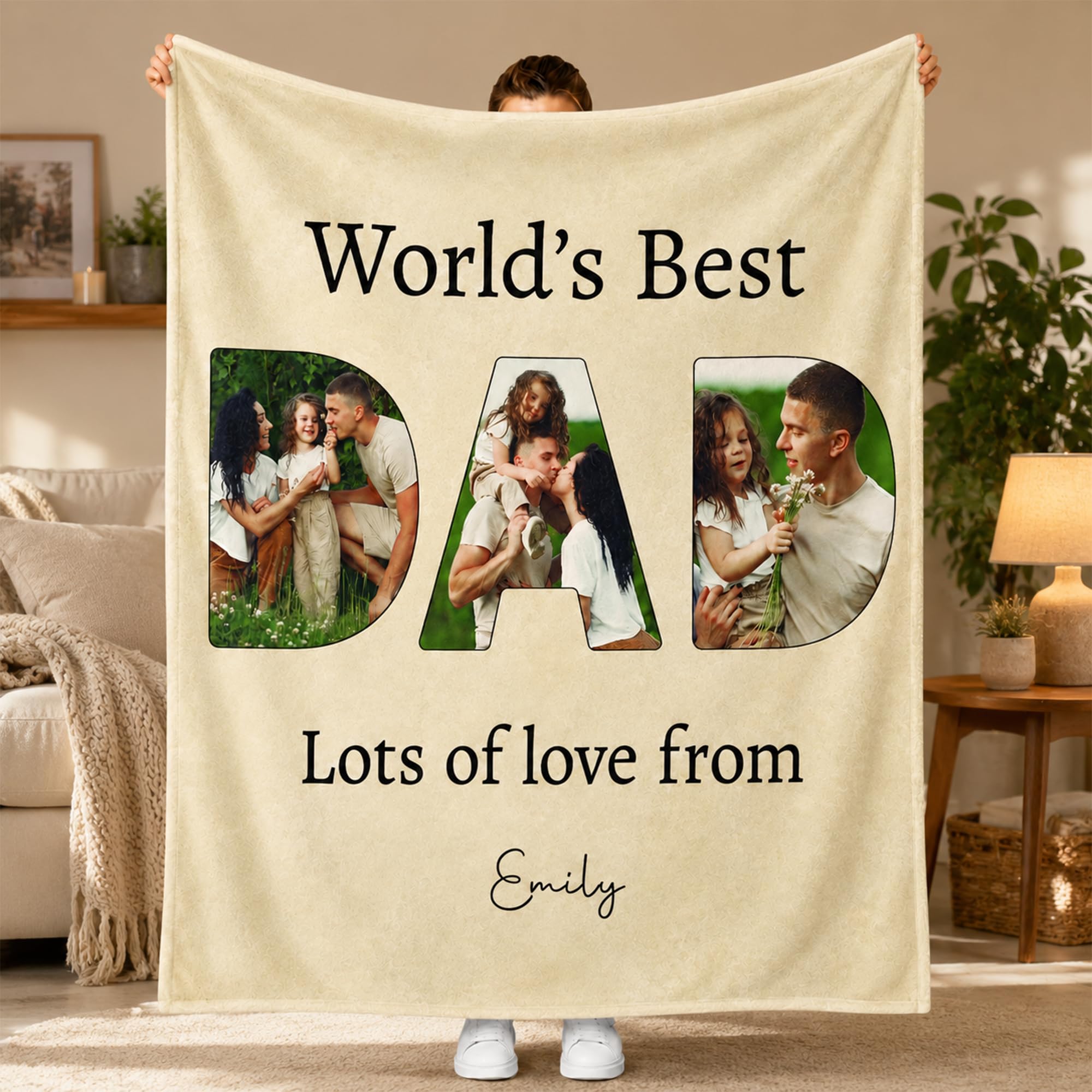 Print Maniacs Personalised World’s Best Dad Blanket, Custom Photo Throw for Daddy, Blanket from Daughter Son, Soft Fleece Personalised Dad Throw