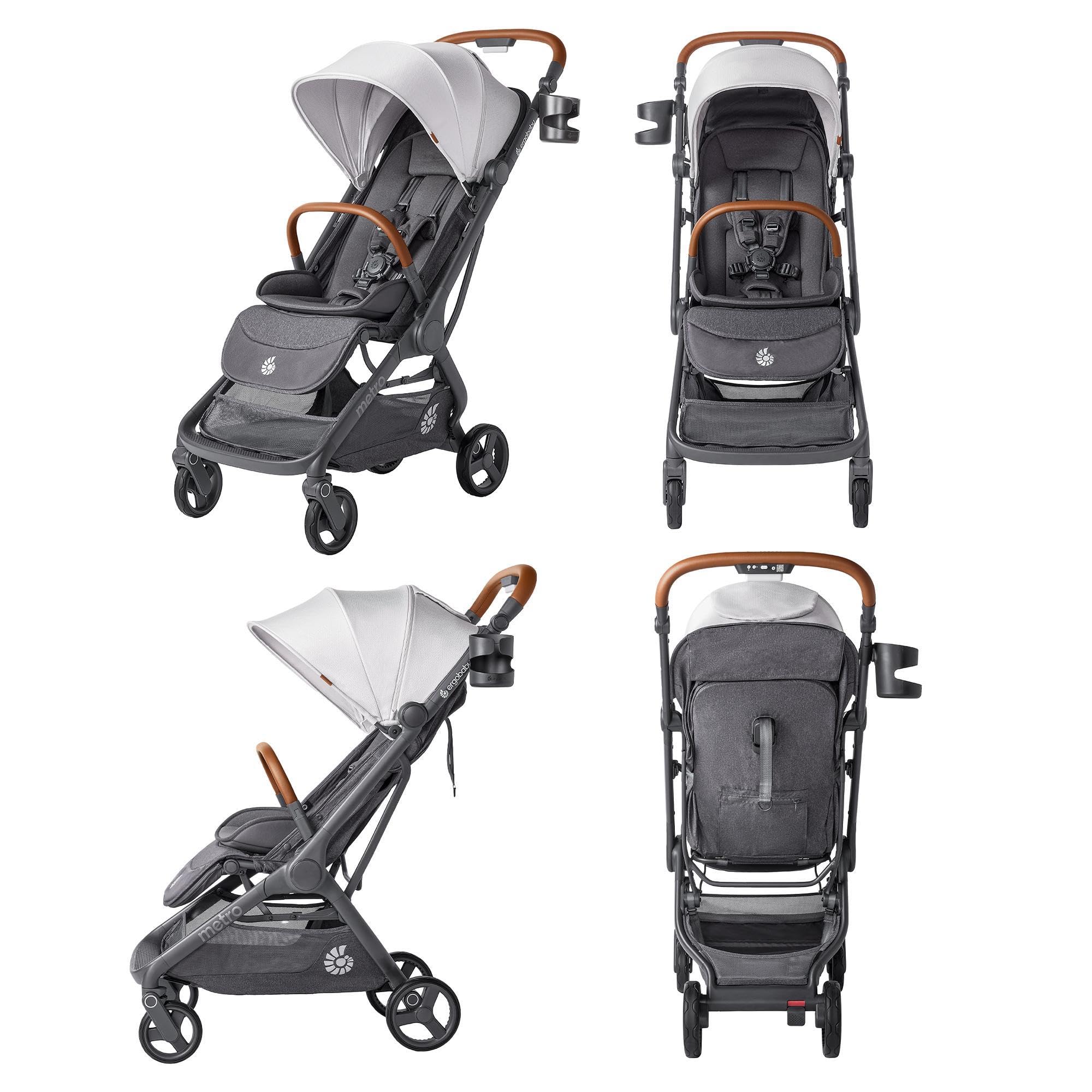 Ergobaby Metro 3 Deluxe Poussette compacte inclinable, poussette de la naissance à 22 kg (0-4 ans), pliage à une main, compatible siège auto, avec sangle de transport, Pearl Grey