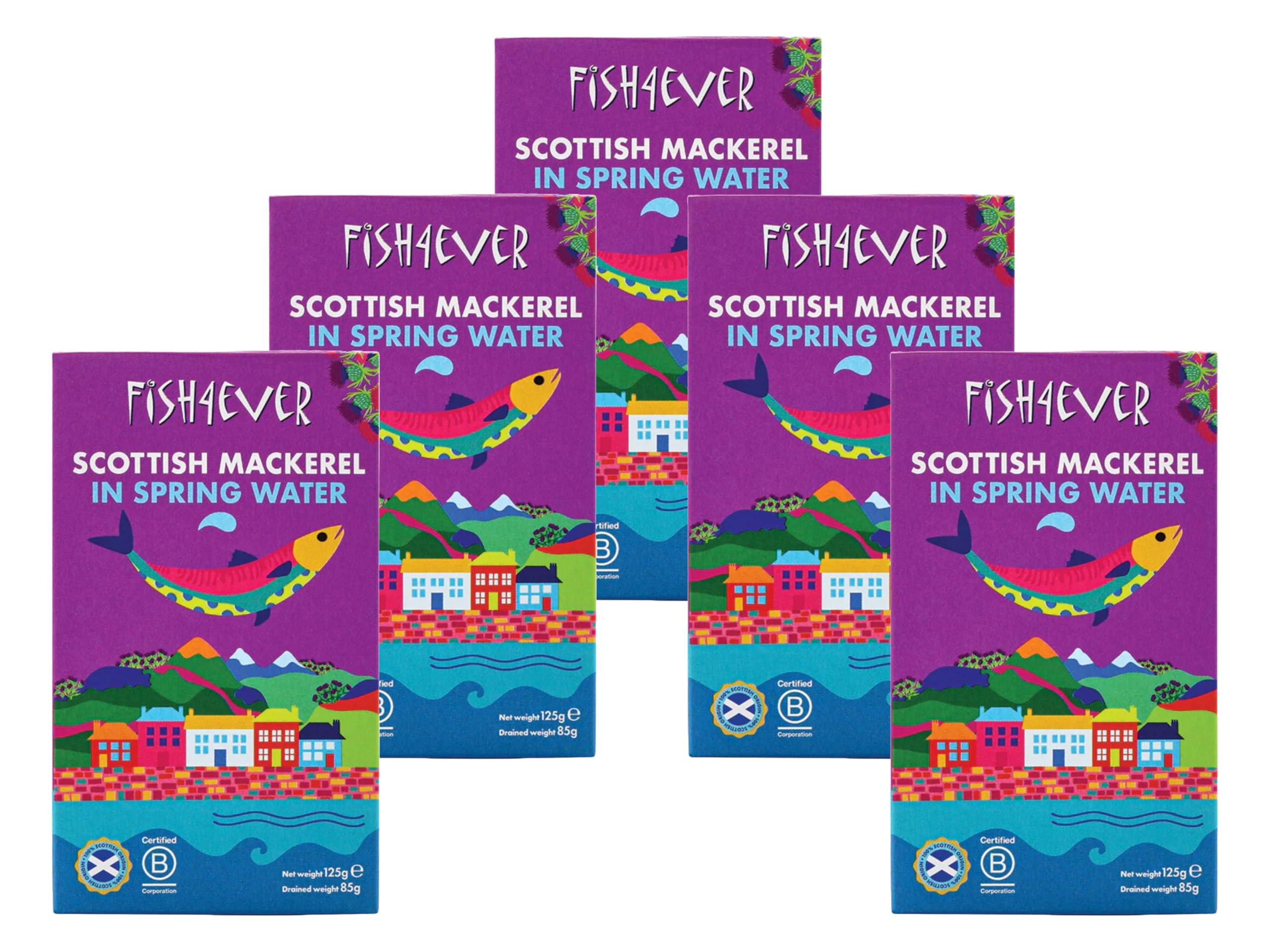 Fish 4 Ever - Mackerel Fillets in Spring Water - Sustainably Fished. Tin Canned Food Rich in Omega-3, Great with Bread, Used in Pate, Pasta Or Sushi 125g (Pack of 5)