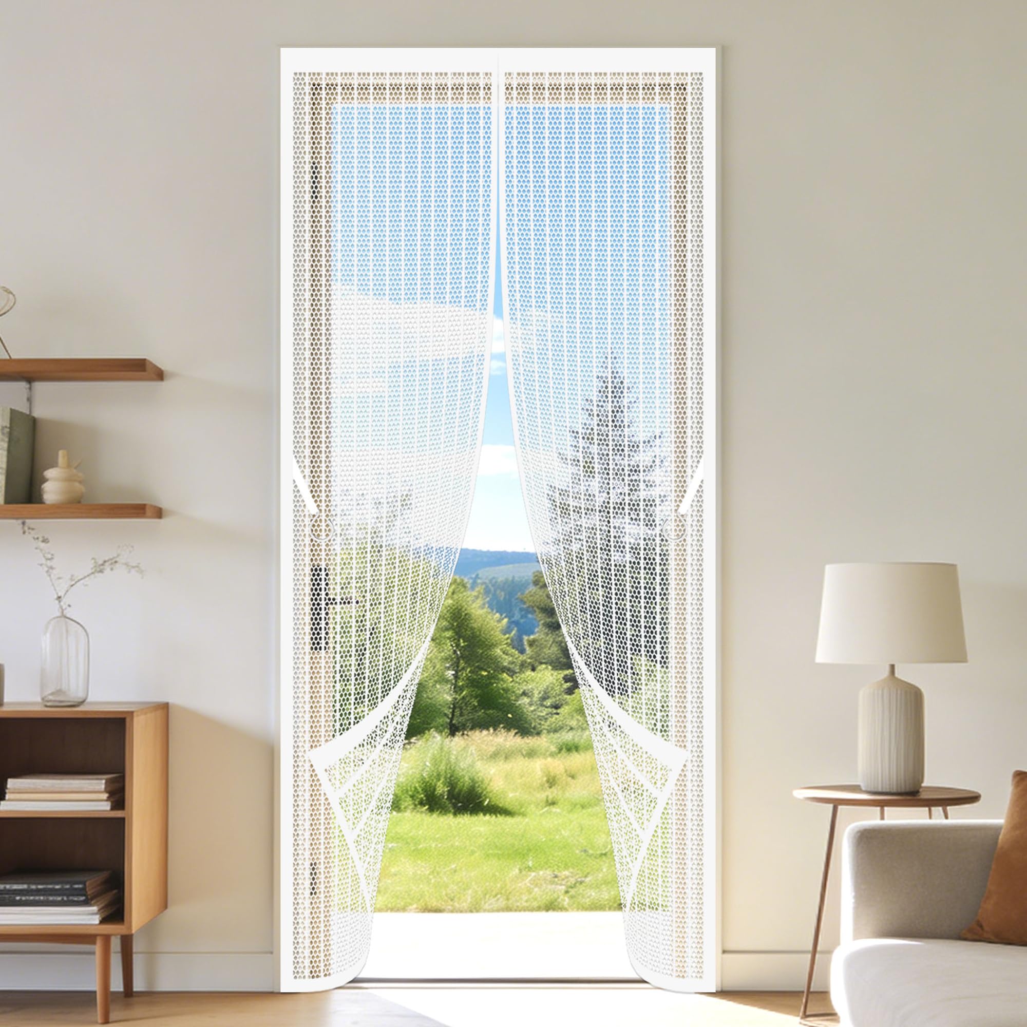 Zhiqxue White Magnetic Screen Door 111 X 281 Cm Full Frame Magic Tape Bug Mosquito Insects Screen Hands Free Auto Closing For Home, Bedroom, Living Room, Kitchen, Patio,