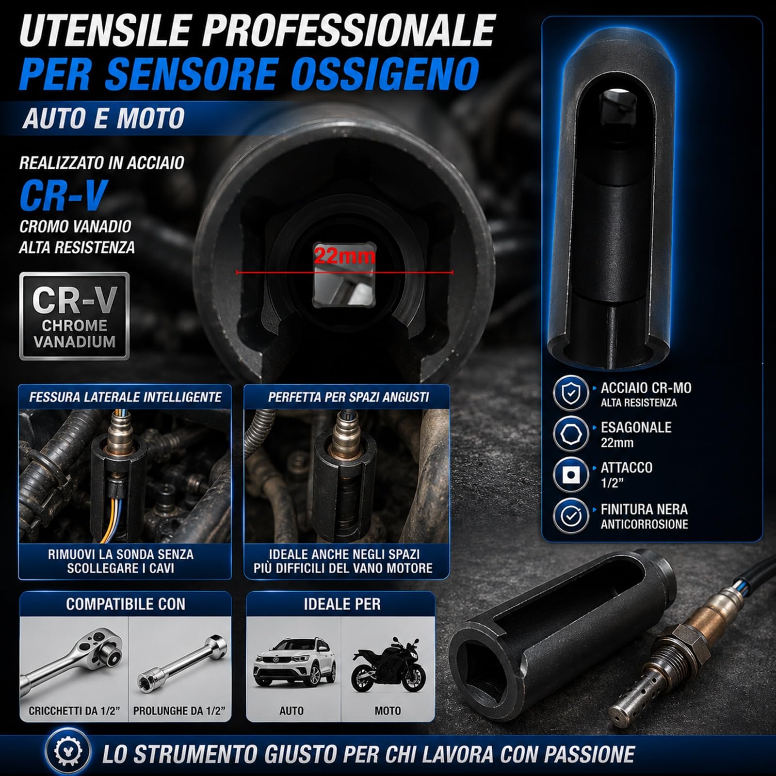 topolenashop Chiave a Bussola Esagonale 22mm 1/2” per Sonda Lambda Lunga – Utensile Professionale per Sensore Ossigeno Auto e Moto in Acciaio Cr-V – Strumento per Rimozione Sonda Codice 134422