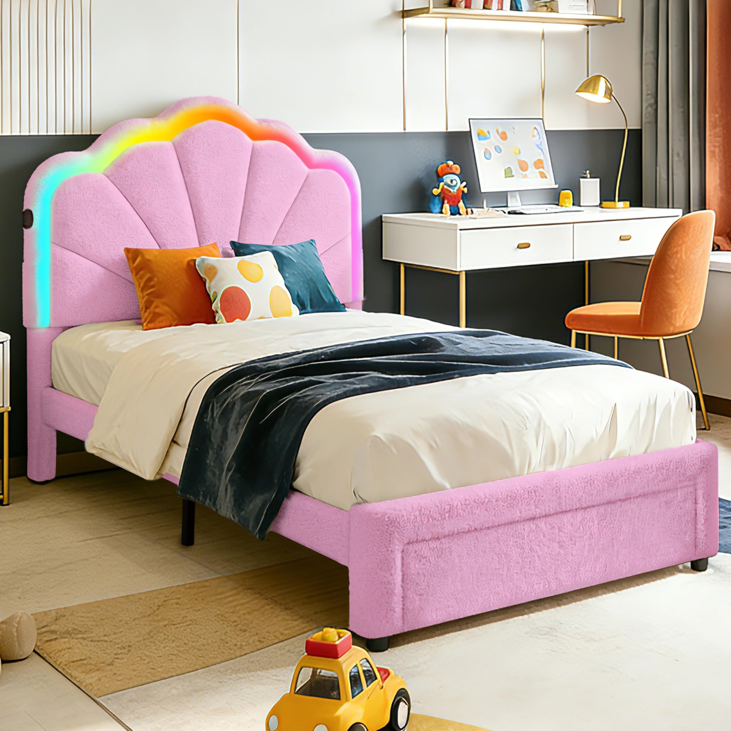 Bettrahmen mit 1 Schublade, 90×200 cm, Teddyvelours, Pink | LED-Beleuchtung, verstellbares Kopfteil, Ladestation, USB & Type-C, gepolstertes Bett, Fußteil-Schublade, Holzlatten