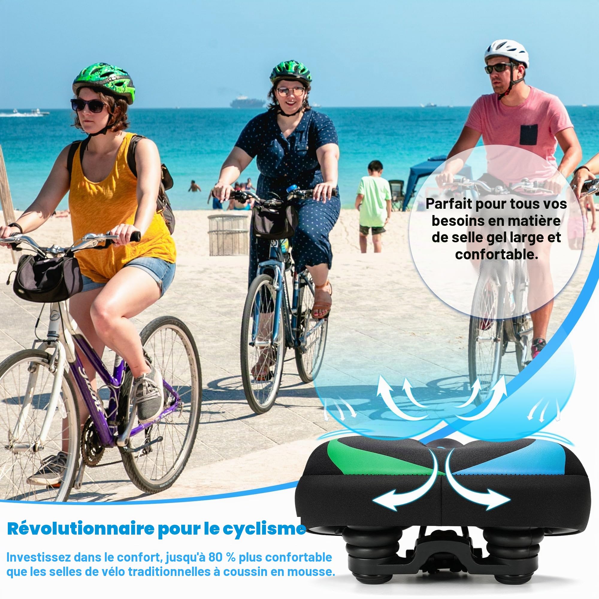 CDYWD Selle de Velo Ultra Confortable Homme et Femme, Extra Large Selle Velo Gel, Rembourrage Doux Ergonomique, avec Suspension, Siege Confort Velo pour VTT, Vélo de Ville, Ebike, Vélo Stationnaire