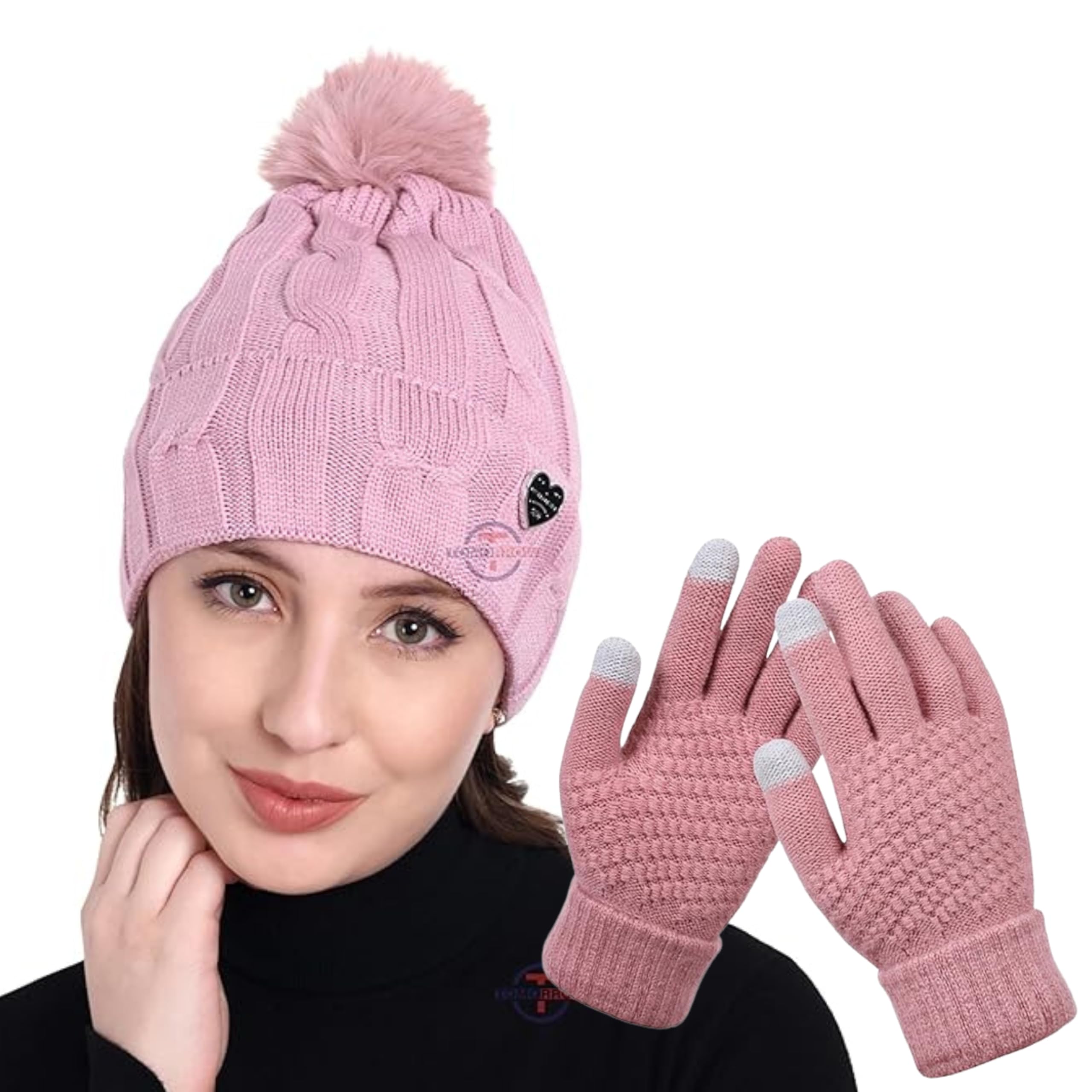 Tomorrow Women's Winter Knit Beanie Hat | Touchscreen Gloves Set | Warm Fleece-Lined Pom Pom Cap with Thermal Gloves for Outdoor Sports, Skiing, and Casual Wear (in, Alpha, Free Size, Pink-Pink)
