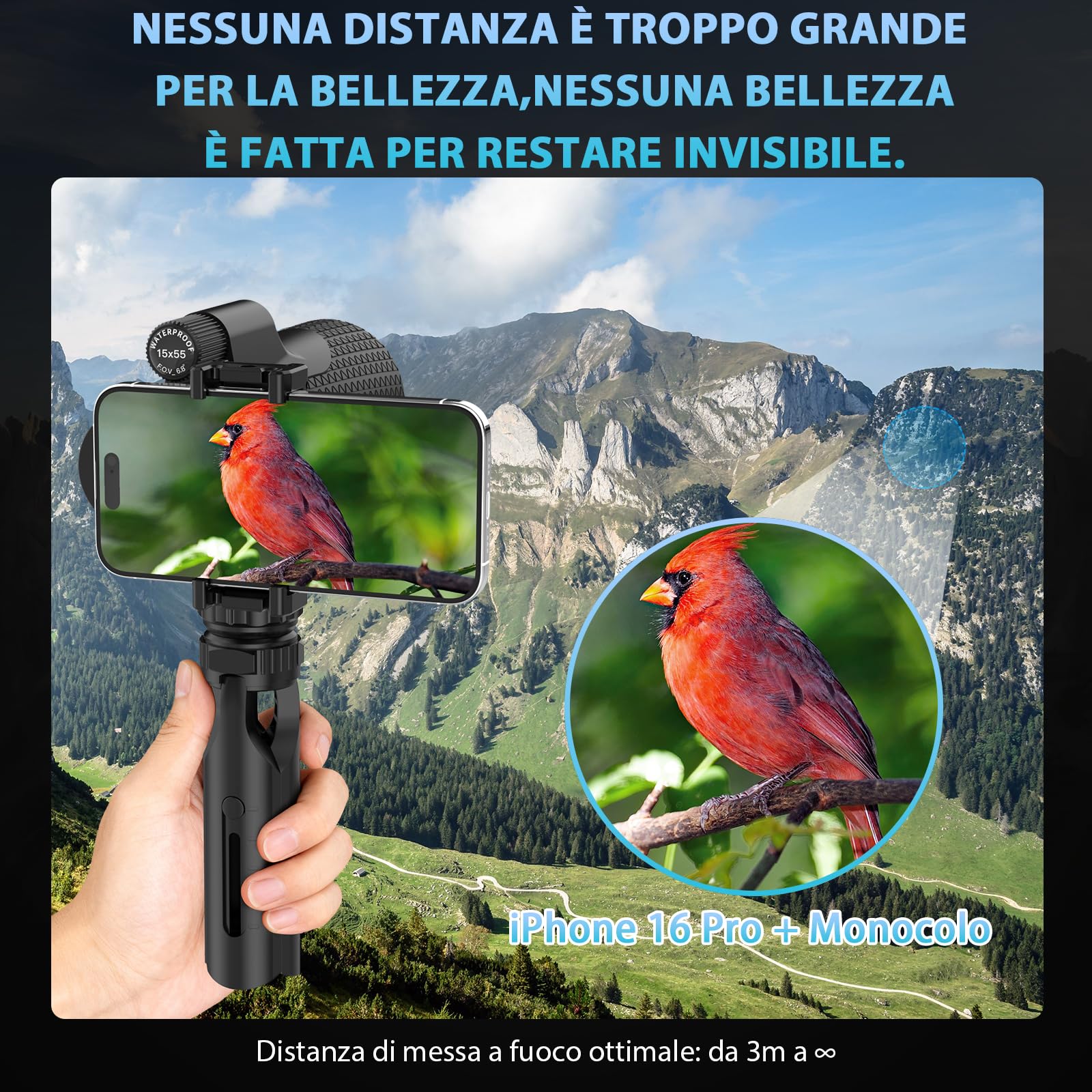 Sogries Monocolo 15x55 con Treppiede e Adattatore Smartphone | Prisma BAK4 e lenti FMC | Obiettivo 55 mm luminoso | Rotazione 360° | Design antiscivolo | Cinturino da polso incluso