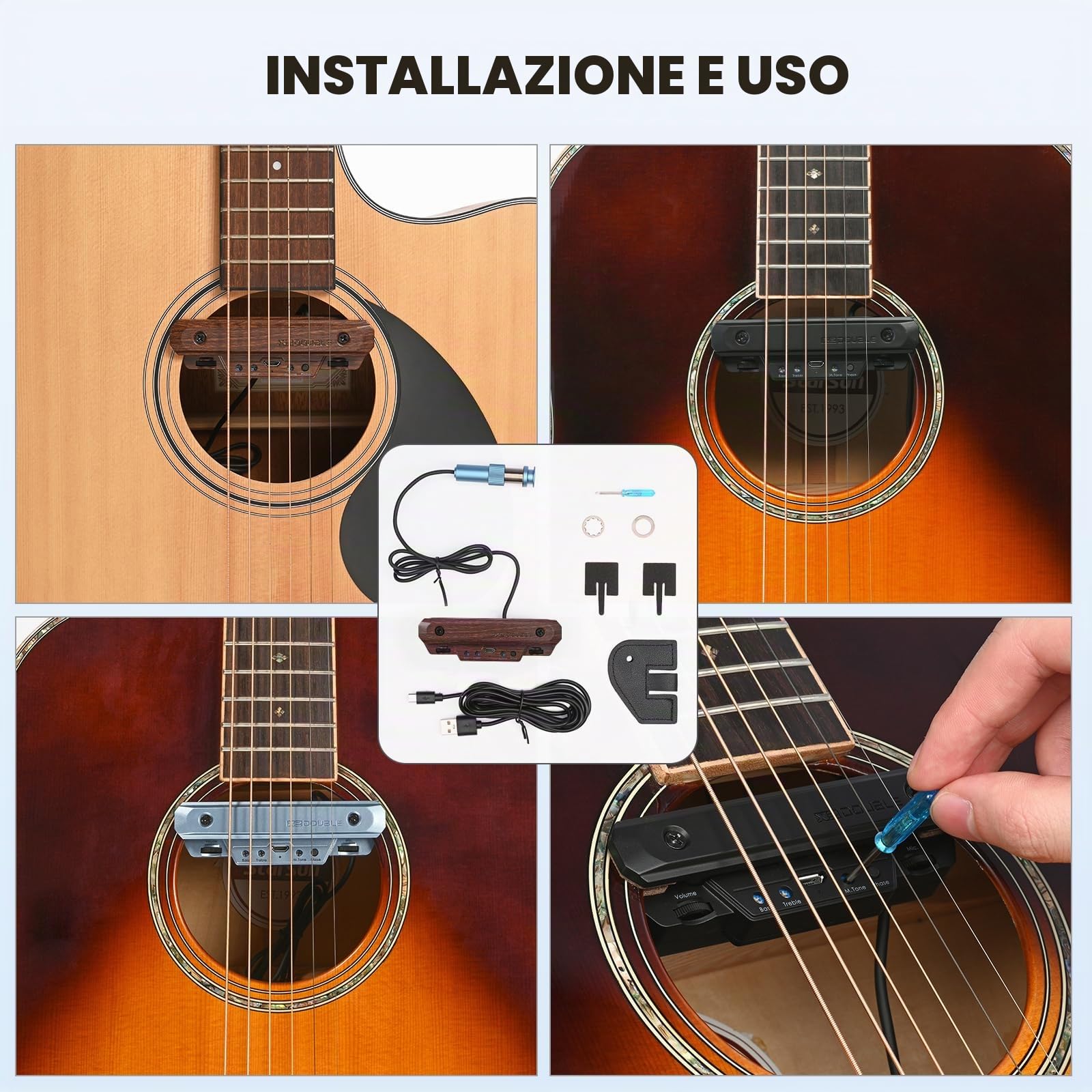 Pickup per chitarra acustica, ricaricabile, attivo, pickup per chitarra, regolabile, bobina magnetica, controllo del volume integrato, microfono, pickup acustico (venature del legno)